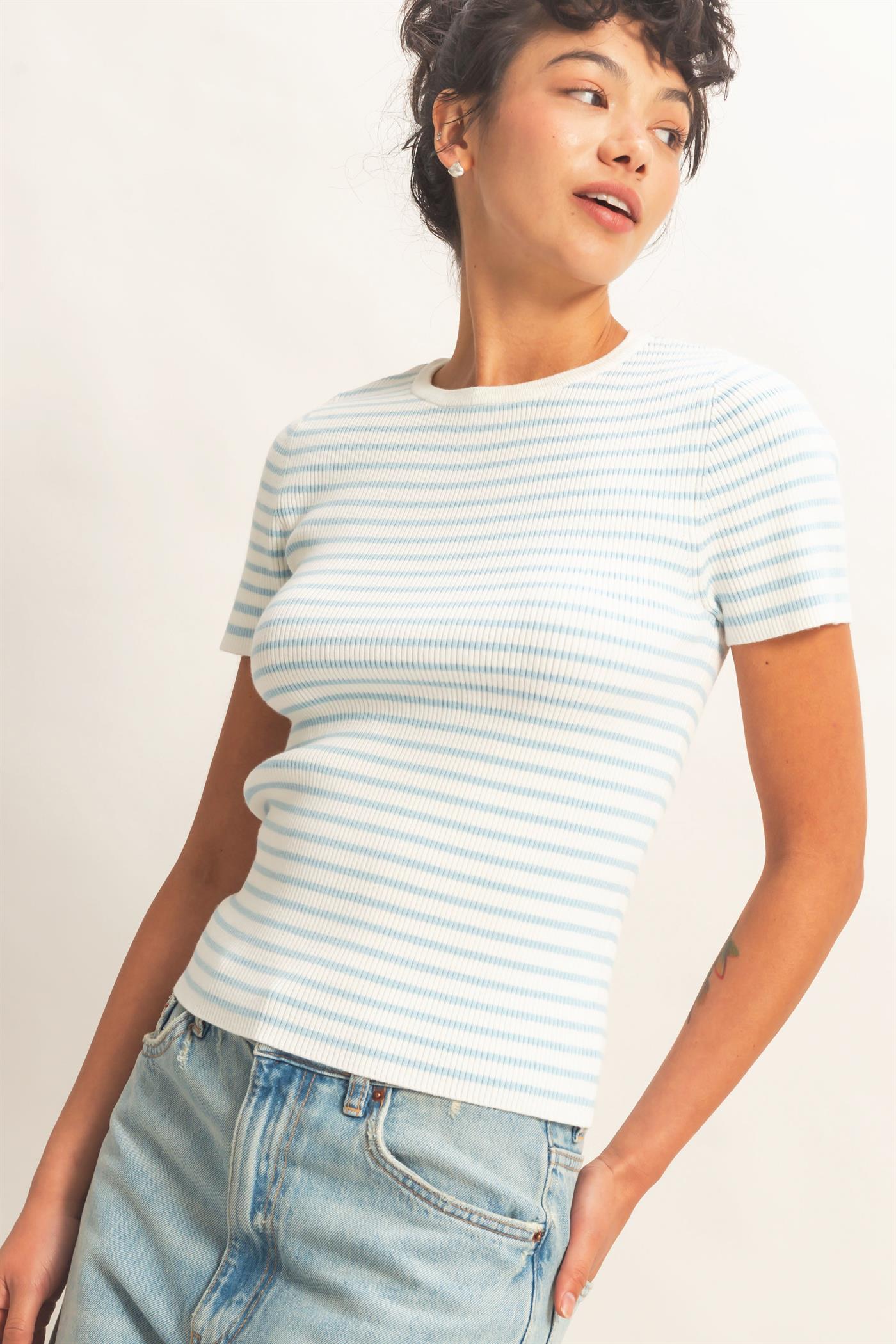 Wholesale Striped Ribbed Short Sleeve Crew Neck Knit Top Clothing Tops DZ26A450 ICE BLUE DOUBLE ZERO