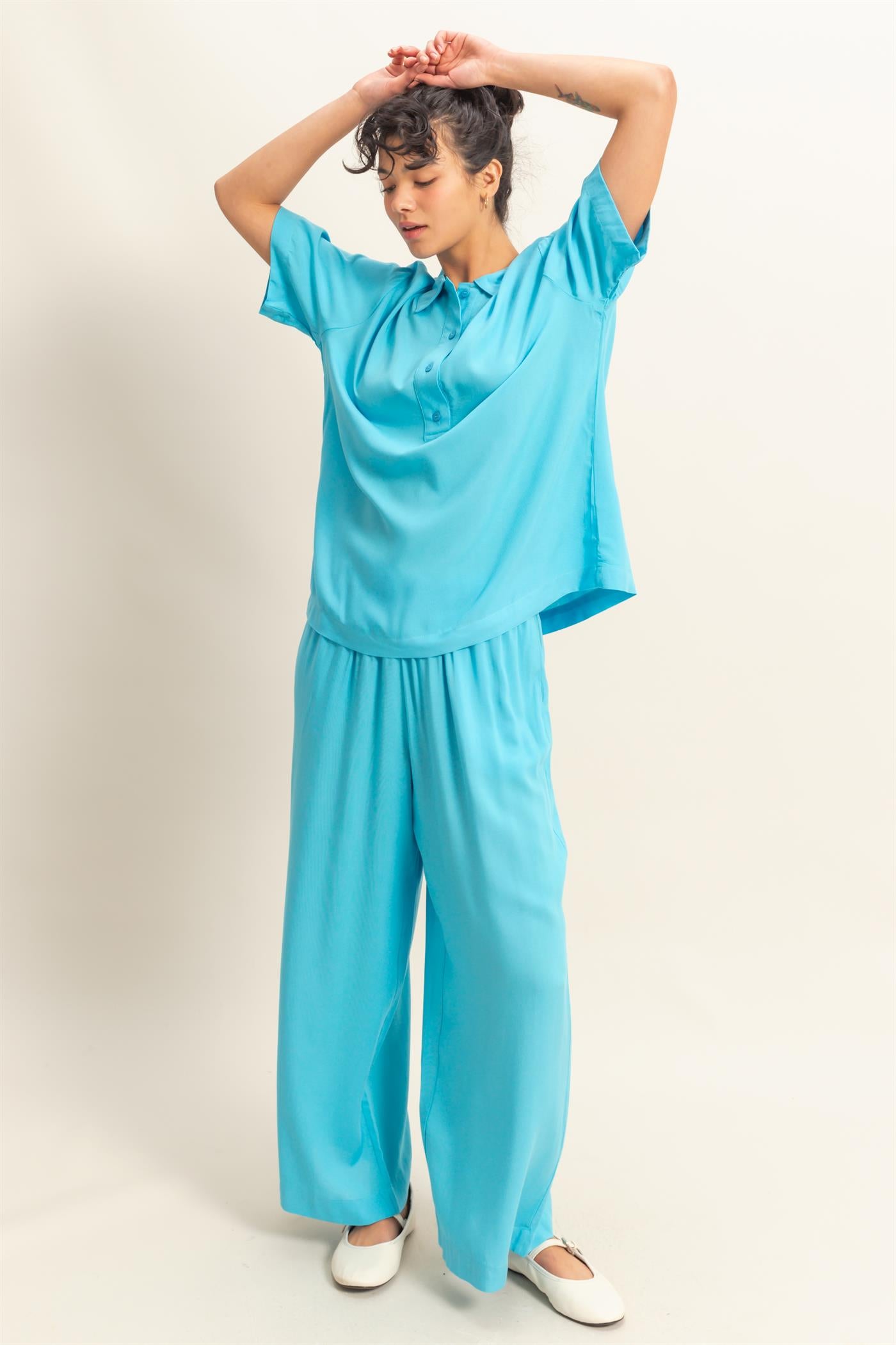 Wholesale High Waist Woven Wide Leg Pants Pants DZ25C192 AQUA BLUE DOUBLE ZERO