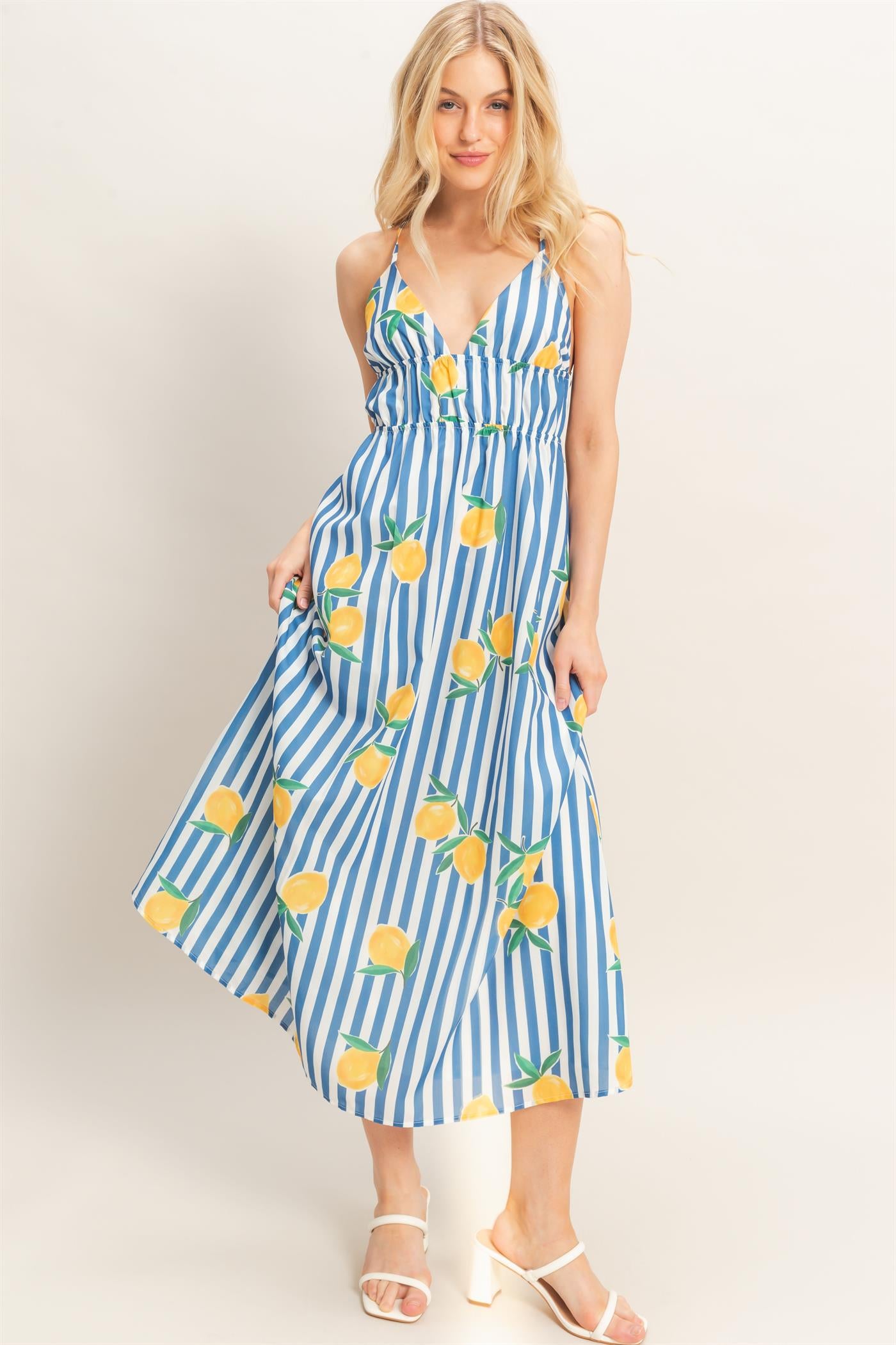 Wholesale Striped Lemon Print Midi Dress Dresses HF26C269 BLUE HYFVE