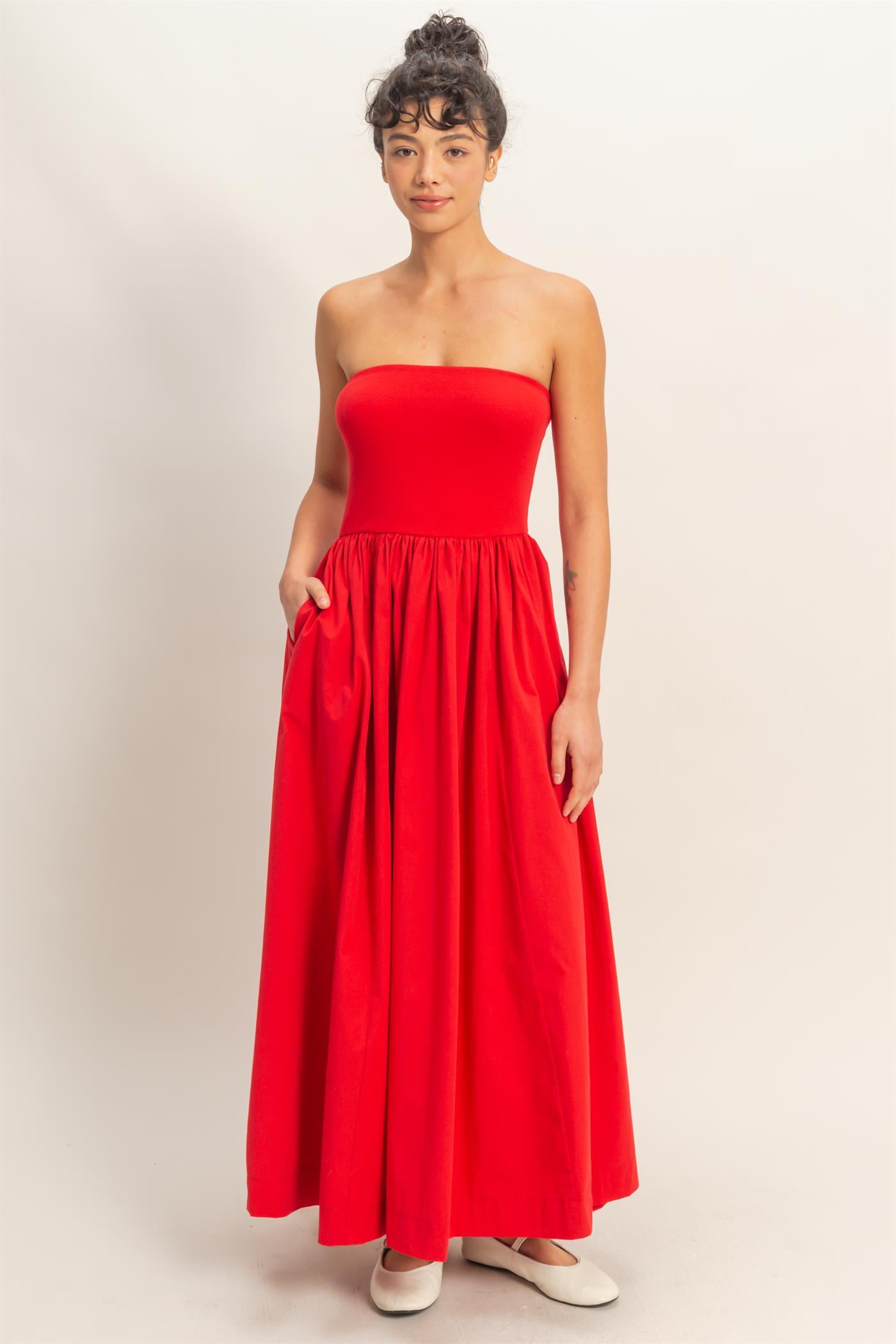 Wholesale Strapless Flowy Midi Dress Dresses DZ26A744 RED DOUBLE ZERO