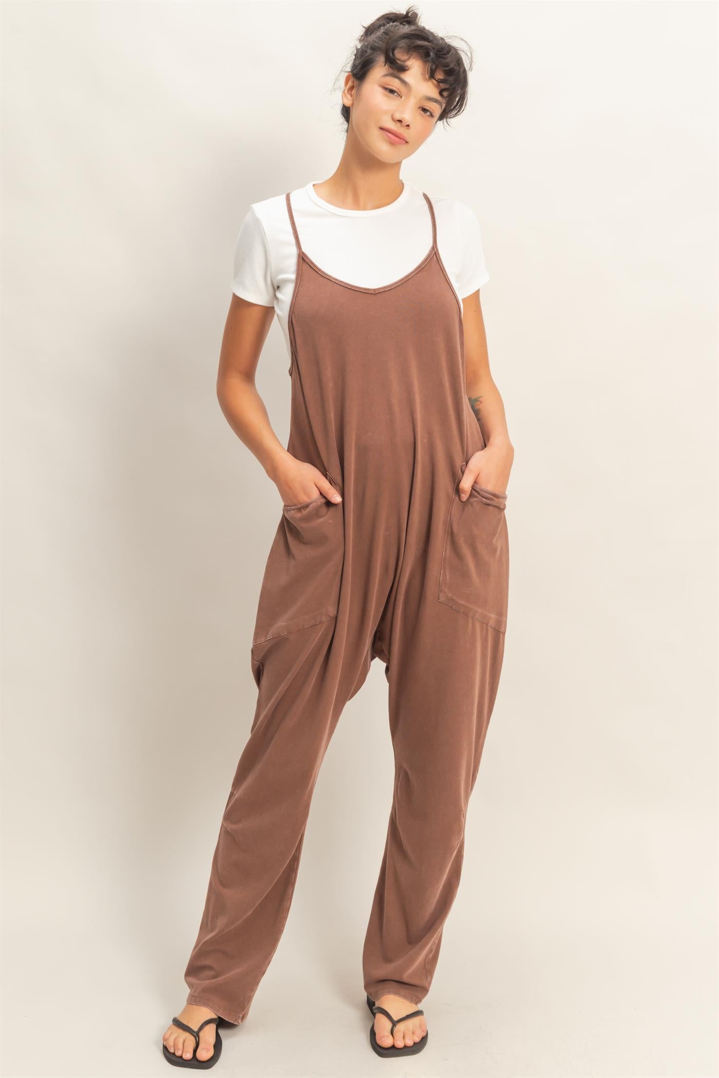 Wholesale Mineral Wash Spaghetti Strap Jumpsuit Clothing DZ26C375 CHOCOLATE DOUBLE ZERO