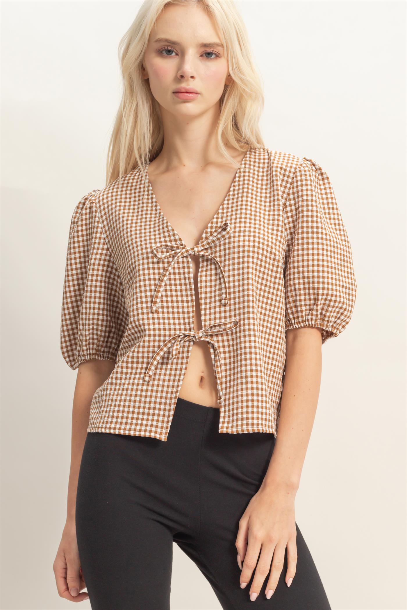 Wholesale Gingham Bow Tie Puff Sleeve Blouse Blouses DZ26C229 BROWN DOUBLE ZERO