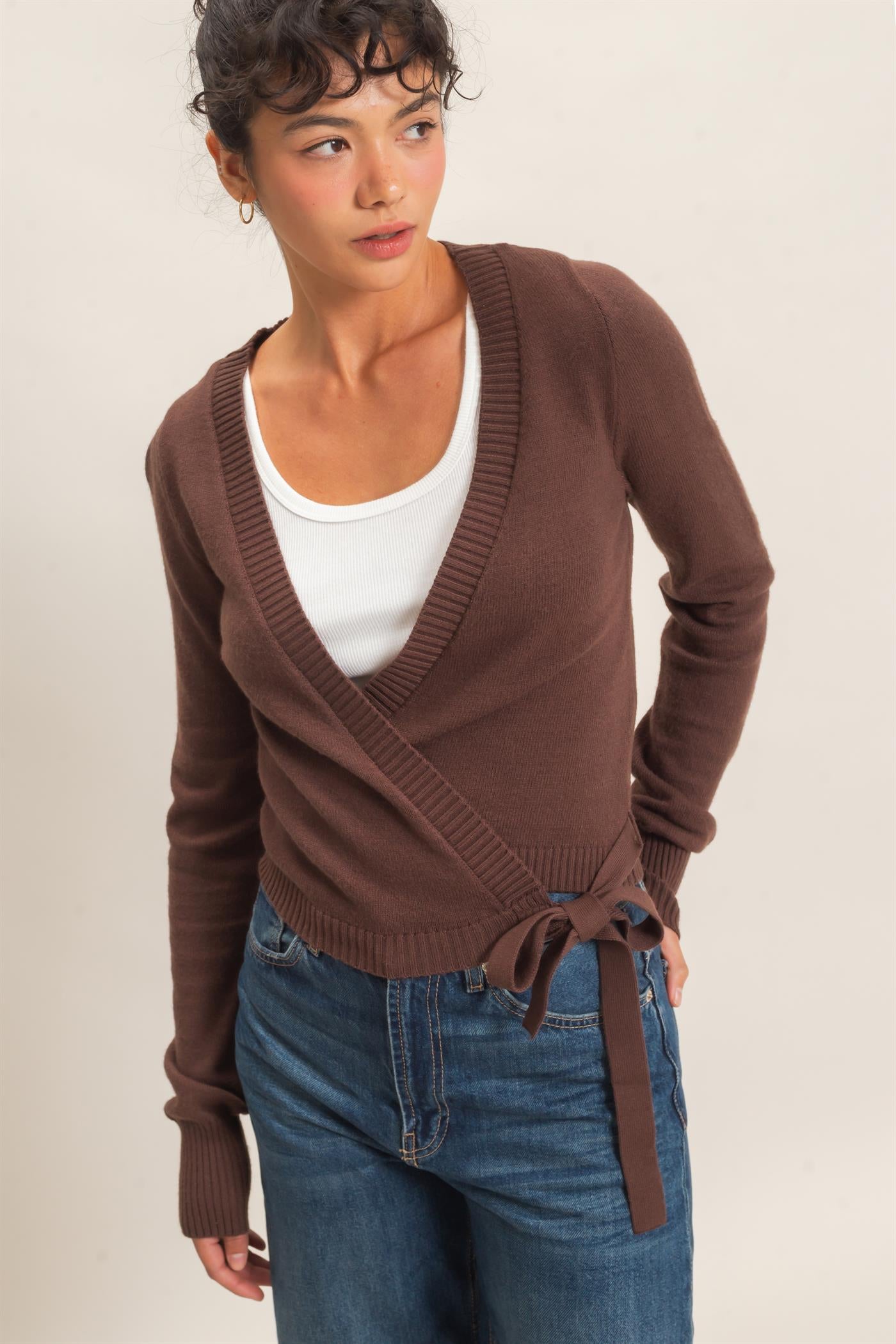 Wholesale Wrap Knit Cardigan Sweaters DZ26F393 DARK BROWN DOUBLE ZERO