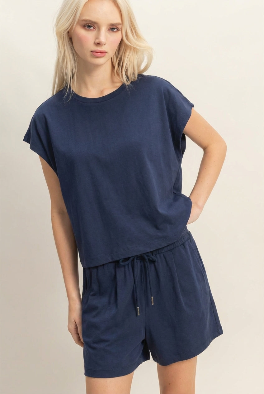Wholesale Cap Sleeve Boxy Top And Shorts Set Clothing DZ26C543-SET NAVY DOUBLE ZERO