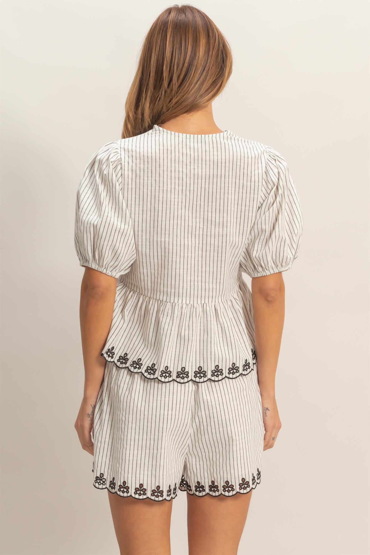 Wholesale Striped Tie-Front Embroidered Peplum Top Clothing Tops HF26C145 OFF WHITE HYFVE