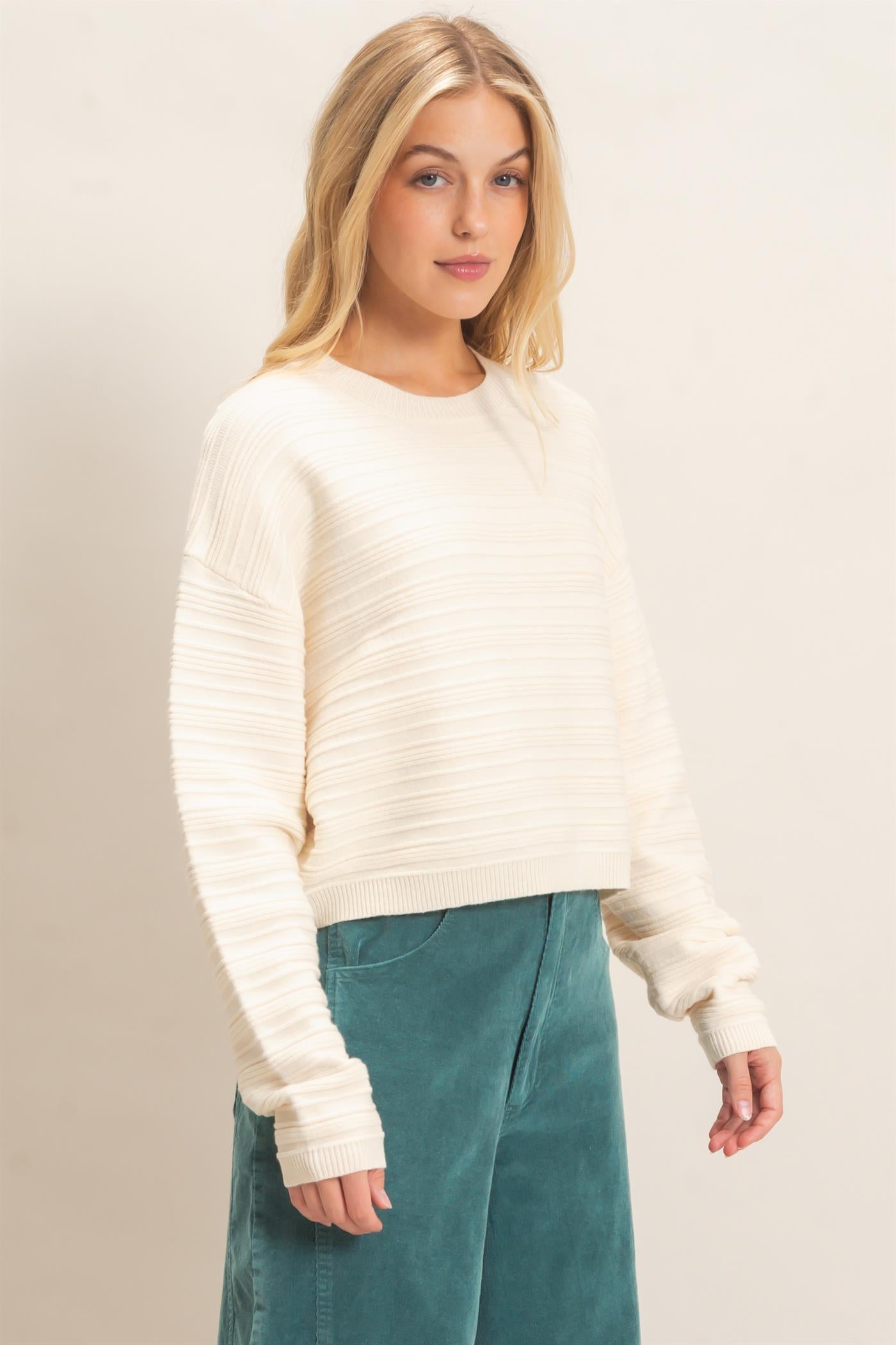 Wholesale Textured Crew Neck Sweater Sweaters HF26F196 CREAM HYFVE
