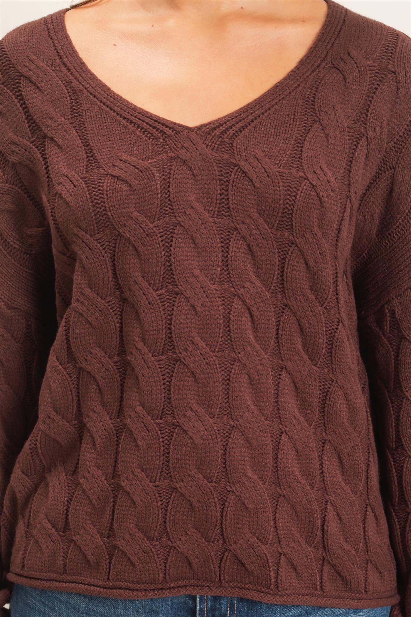 Wholesale Cable Knit V-Neck Sweater Sweaters DZ26E087 DARK BROWN DOUBLE ZERO