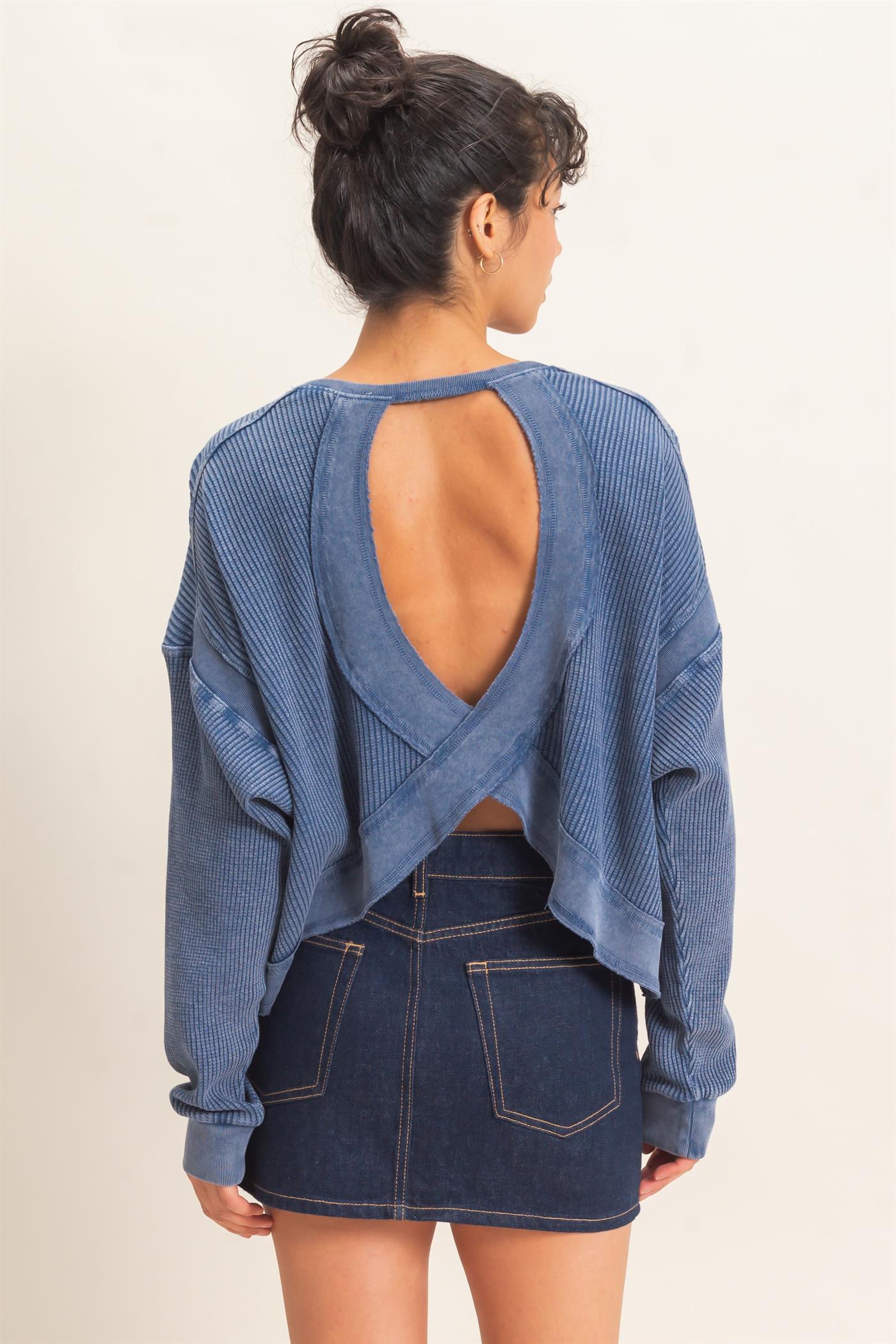 Wholesale Mineral Wash Waffle Open Back Top Clothing Tops DZ26C964 NAVY DOUBLE ZERO