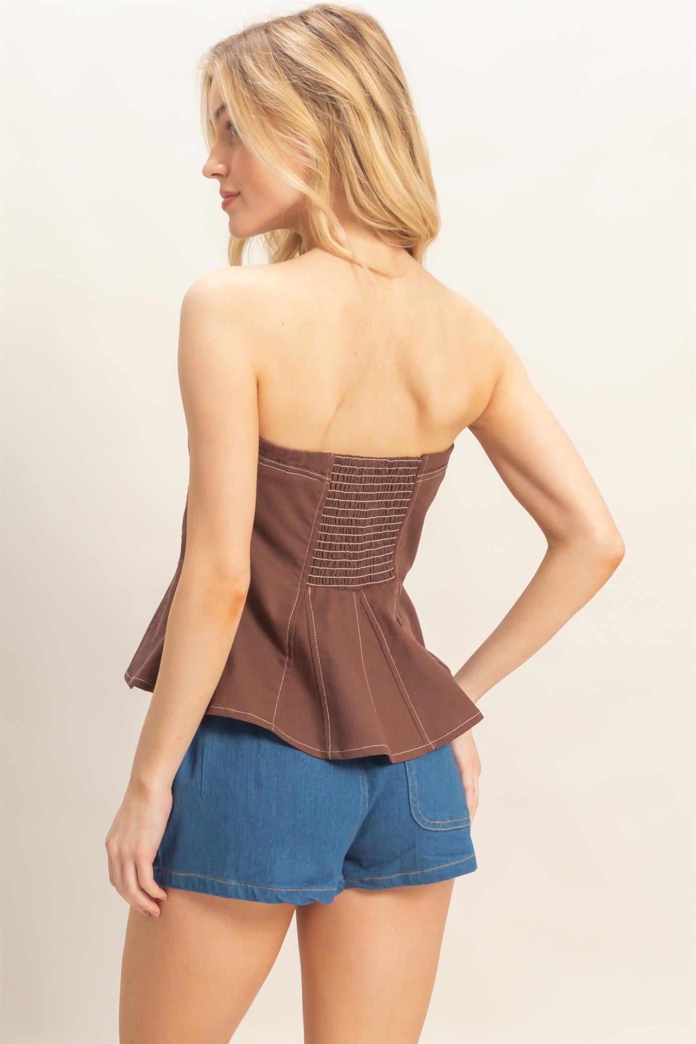 Wholesale Peplum Tube Top Clothing Tops HF26C401 DARK CHOCOLATE HYFVE