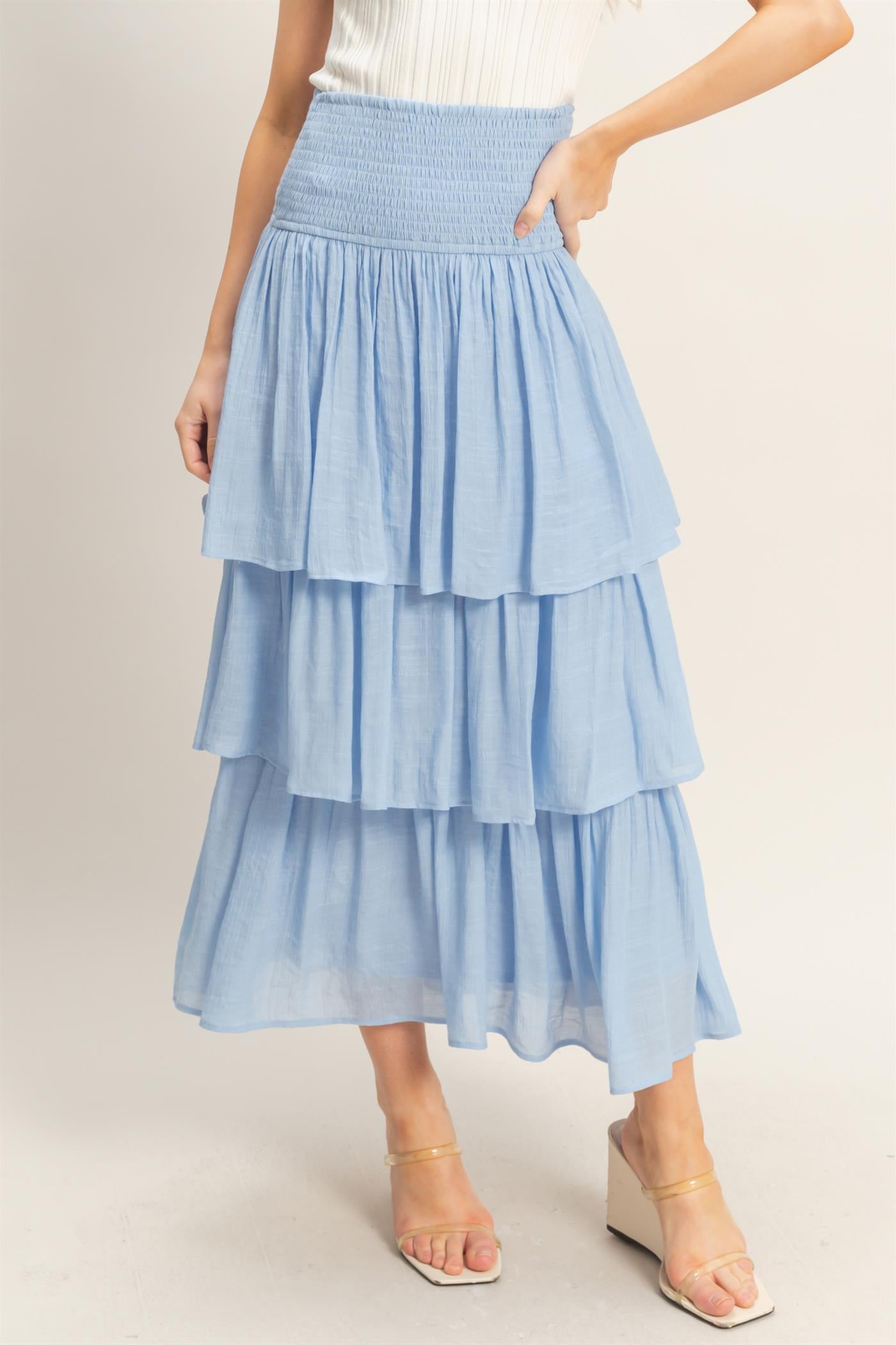 Wholesale Tiered Smocked Waist Skirt Skirts HF26C188-D POWDER BLUE HYFVE