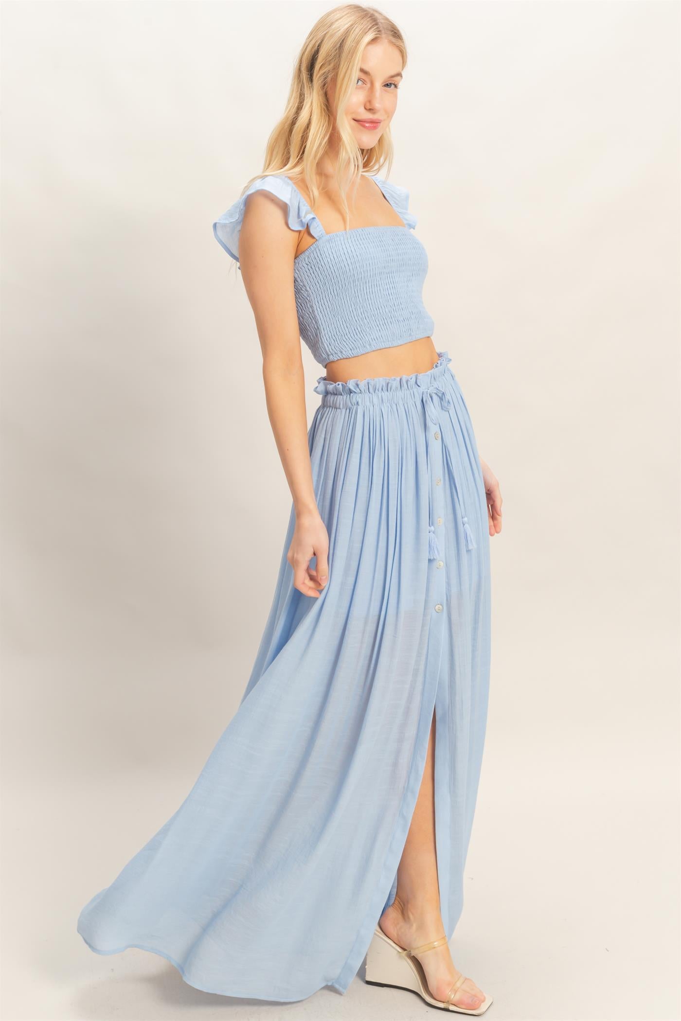 Wholesale Smocked Top & Maxi Skirt Set Clothing HF26C292-SET-D POWDER BLUE HYFVE