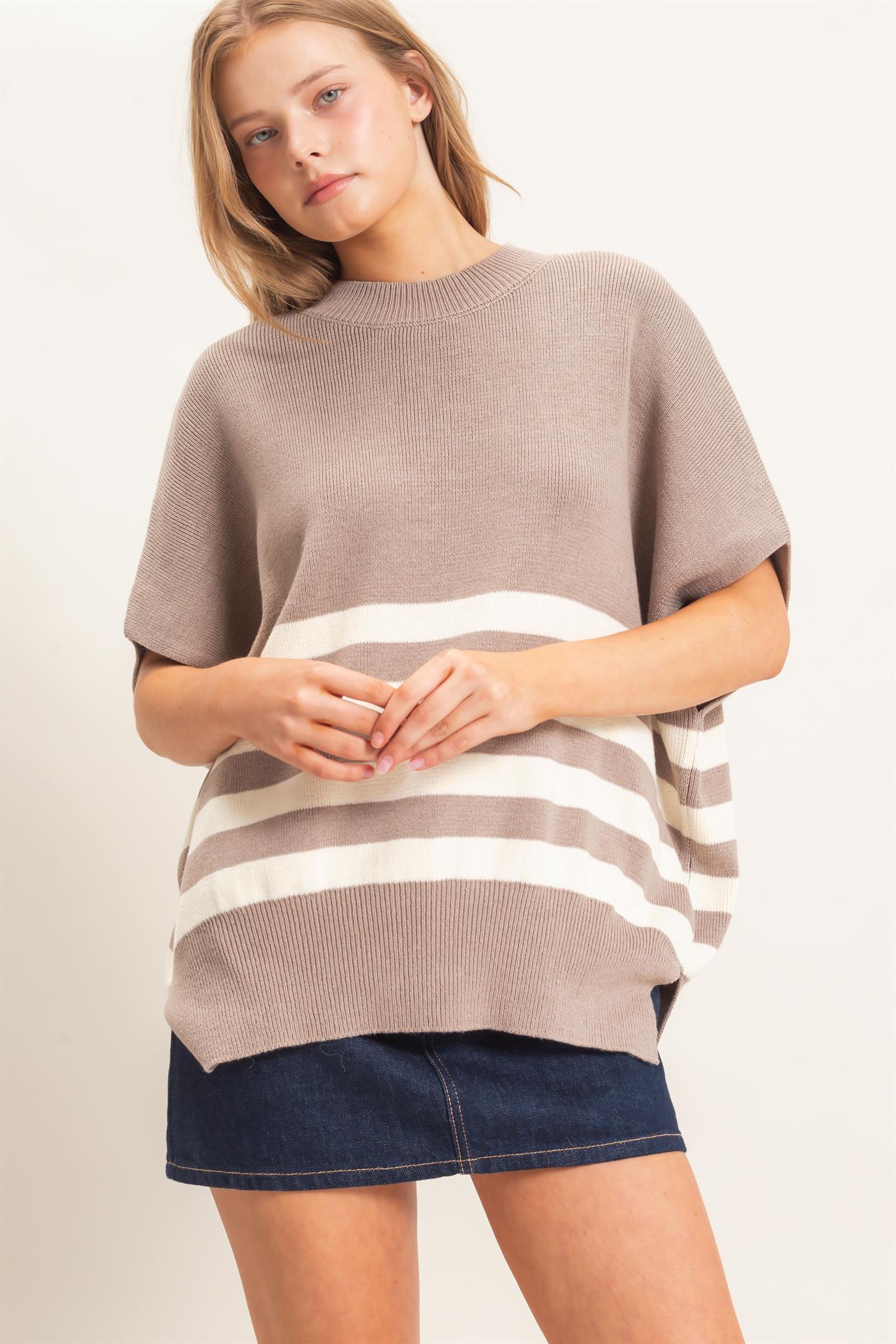 Wholesale Striped Ribbed Crew Neck Sweater Sweaters HF26E350-D LIGHT MOCHA HYFVE