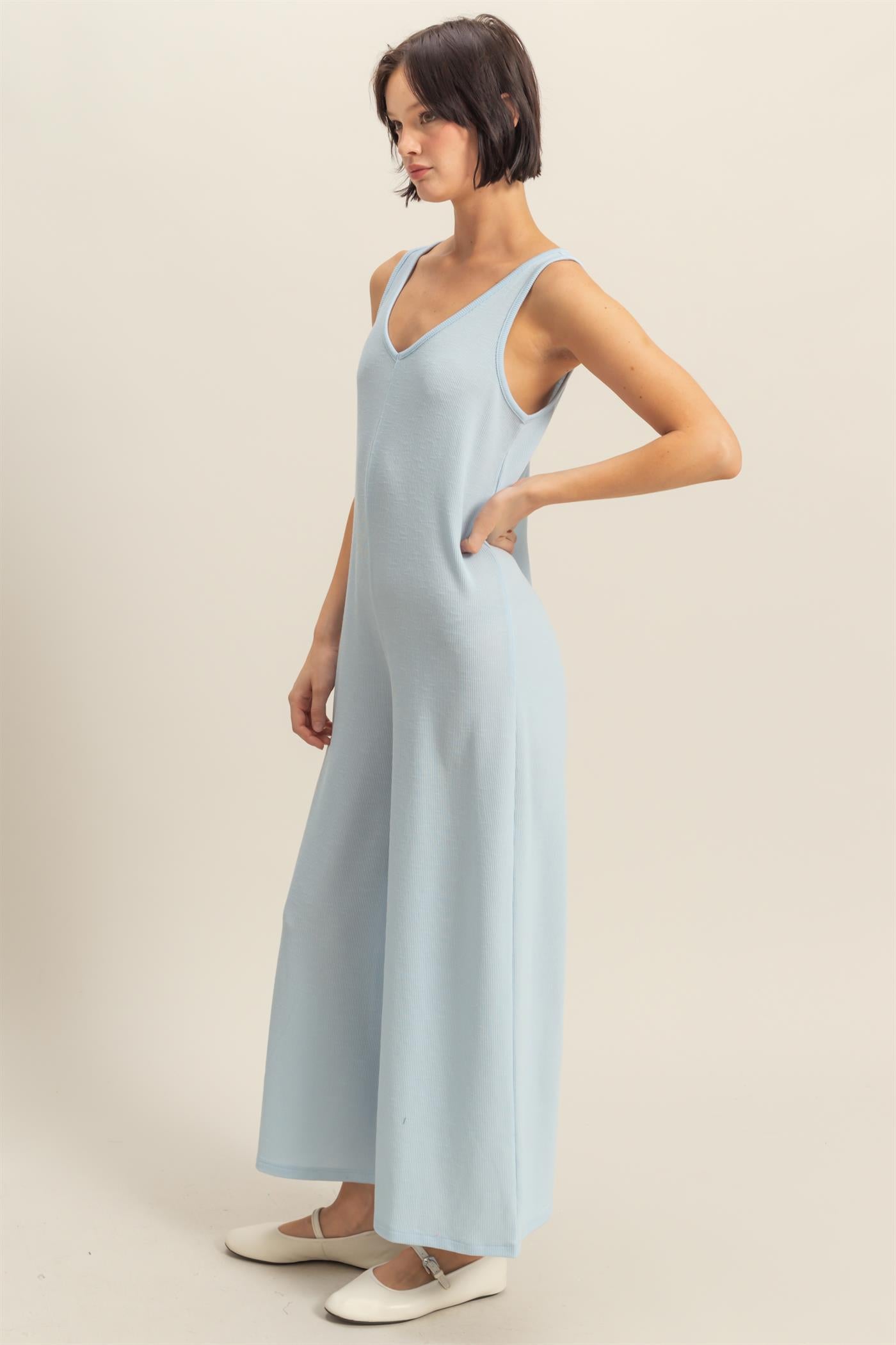 Wholesale V-Neck Sleeveless Wide Leg Jumpsuit Clothing DZ25C805 ICE BLUE DOUBLE ZERO