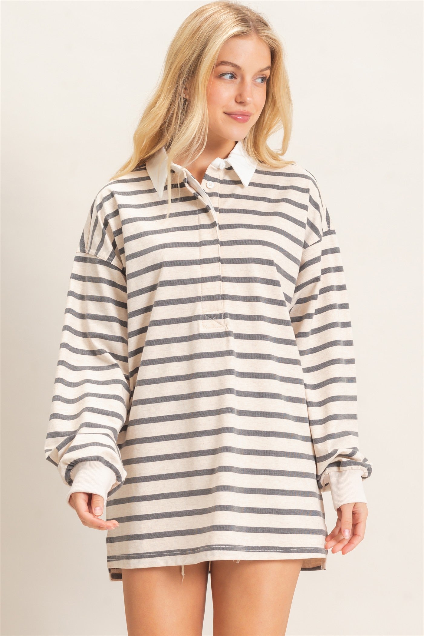Wholesale Striped Polo Long Sleeve Top Clothing Tops HF26F078 GRAY/ECRU HYFVE