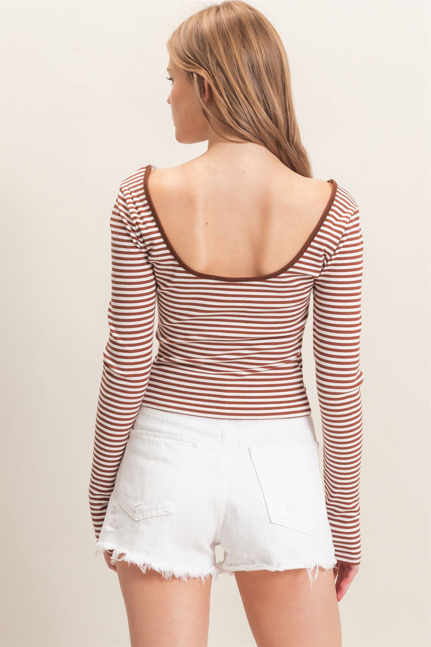 Wholesale Striped Boat Neck Long Sleeve Top Clothing Tops HF26F080 BROWN/WHITE HYFVE