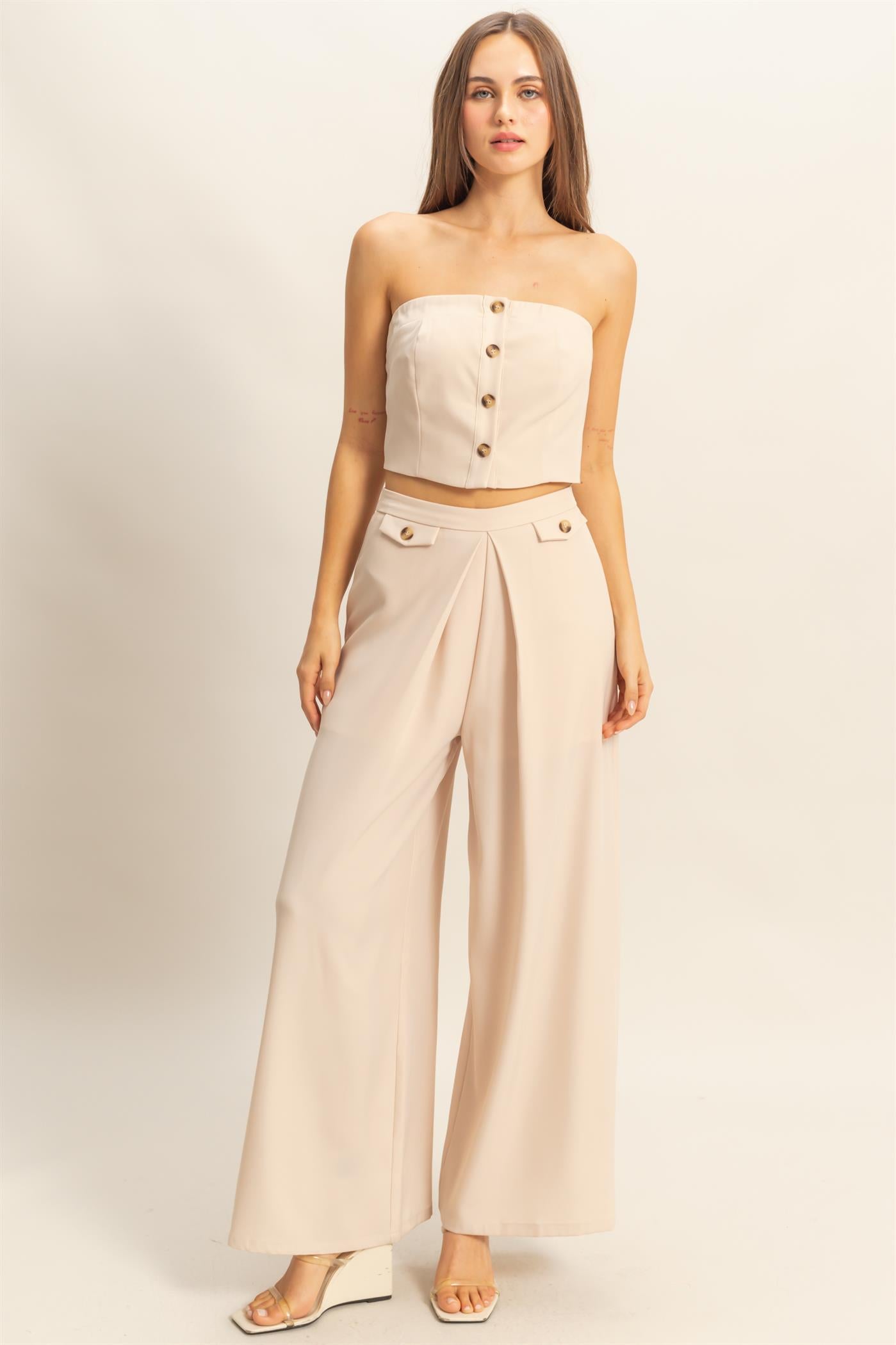 Wholesale Strapless Buttoned Top And Pants Set Clothing HF25E017-SET BEIGE HYFVE