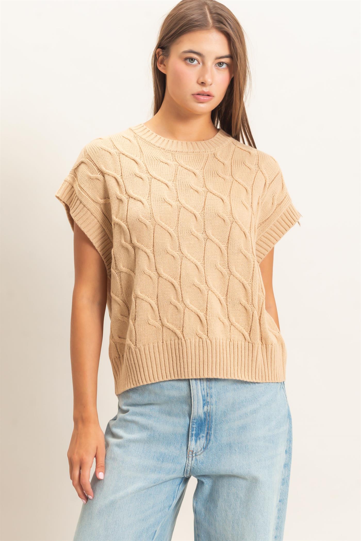 Wholesale Cable Knit Cap Sleeve Sweater Sweaters DZ26C974 TAUPE DOUBLE ZERO