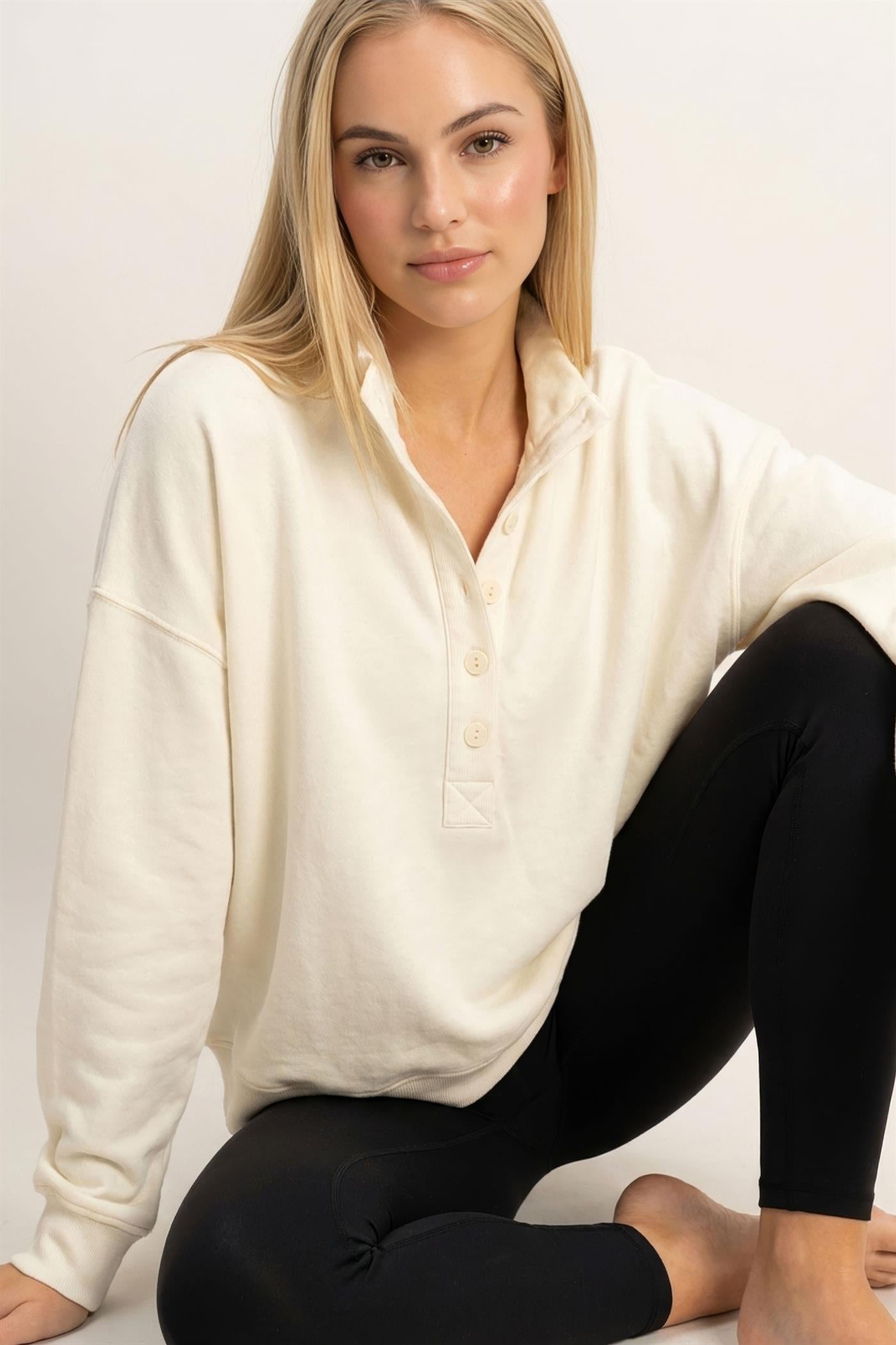 Wholesale Mineral Wash Button Front Sweatshirt Sweatshirts DZ26C909 CREAM DOUBLE ZERO
