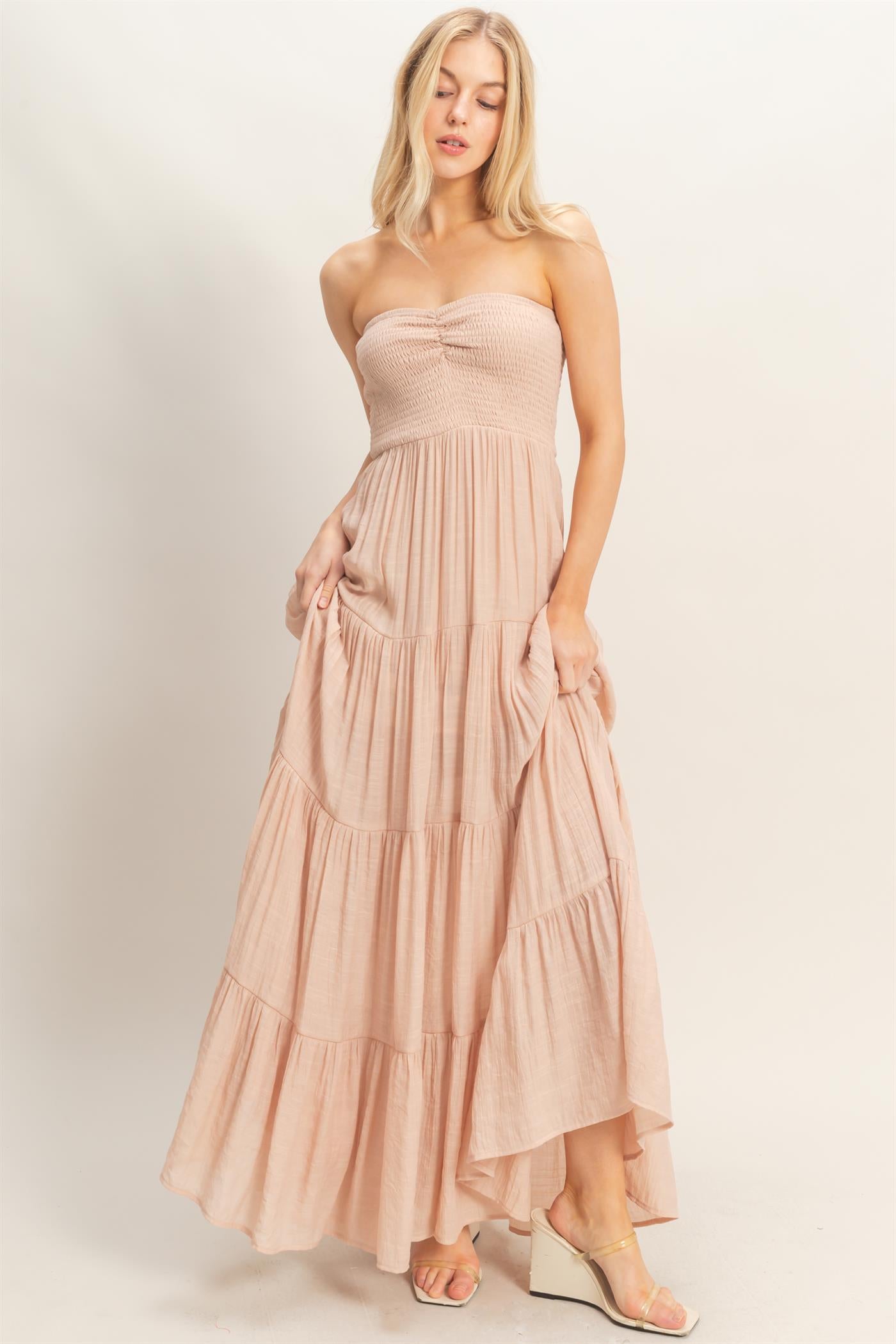 Wholesale Smocked Elastic Neck Maxi Dress Dresses HF26C284-D ALMOND HYFVE