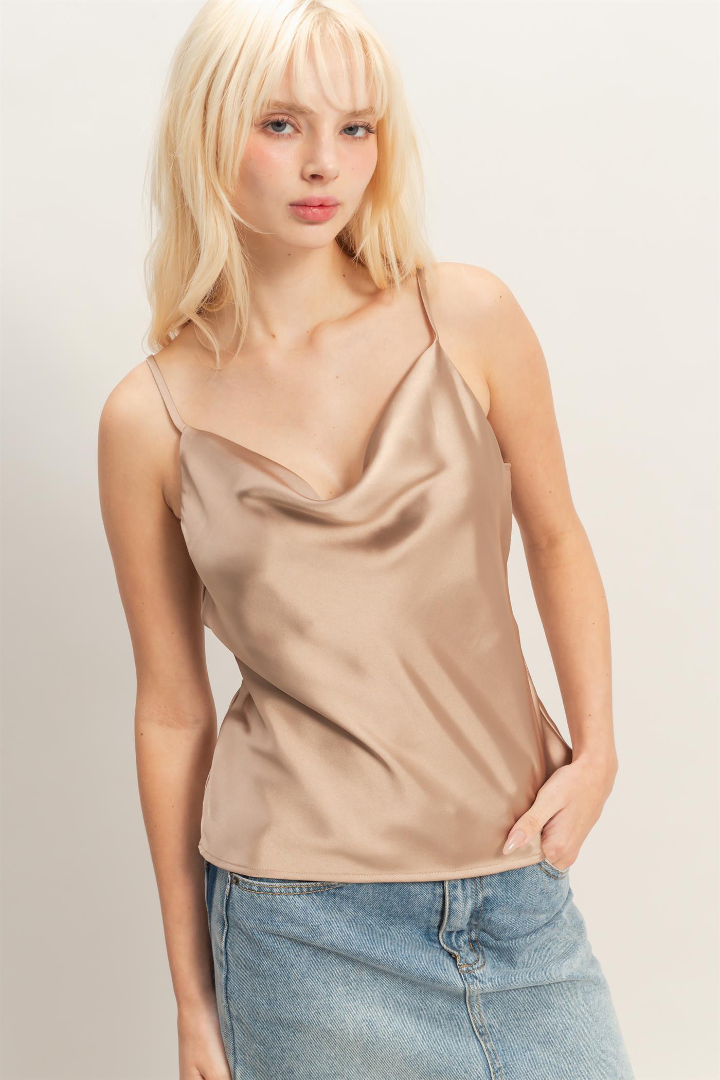 Wholesale Cowl Neck Satin Cami Top Clothing Tops DZ26A277 DARK TAUPE DOUBLE ZERO