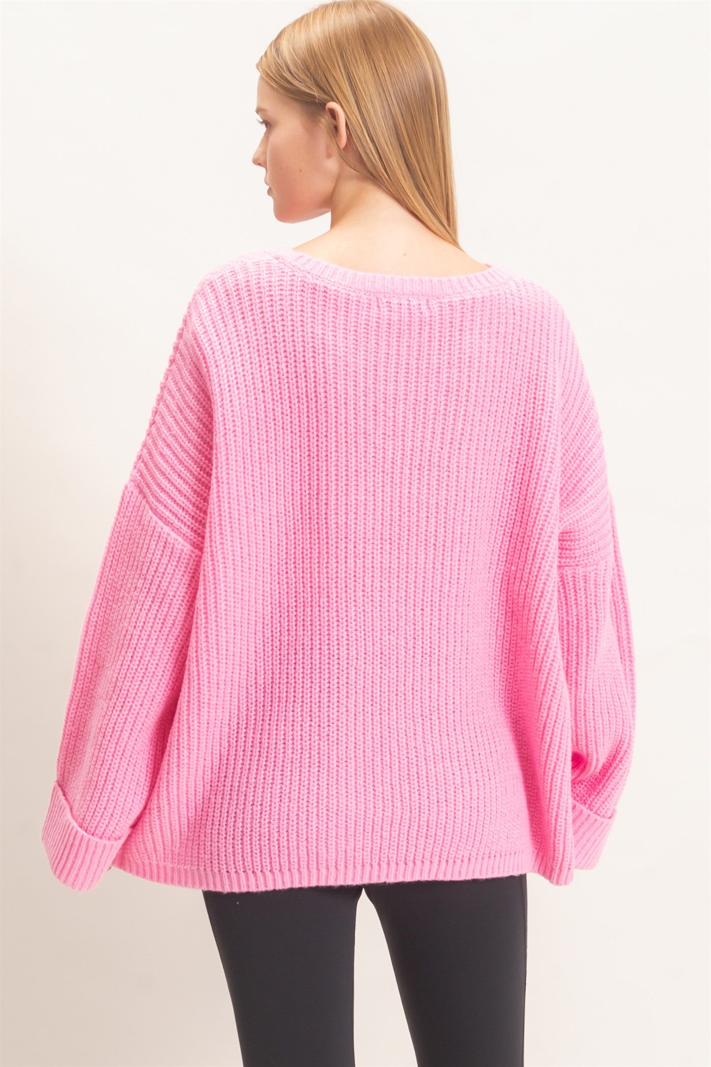 Wholesale Ribbed Knit Patch Pocket Sweater Sweaters HF26F177 PINK HYFVE
