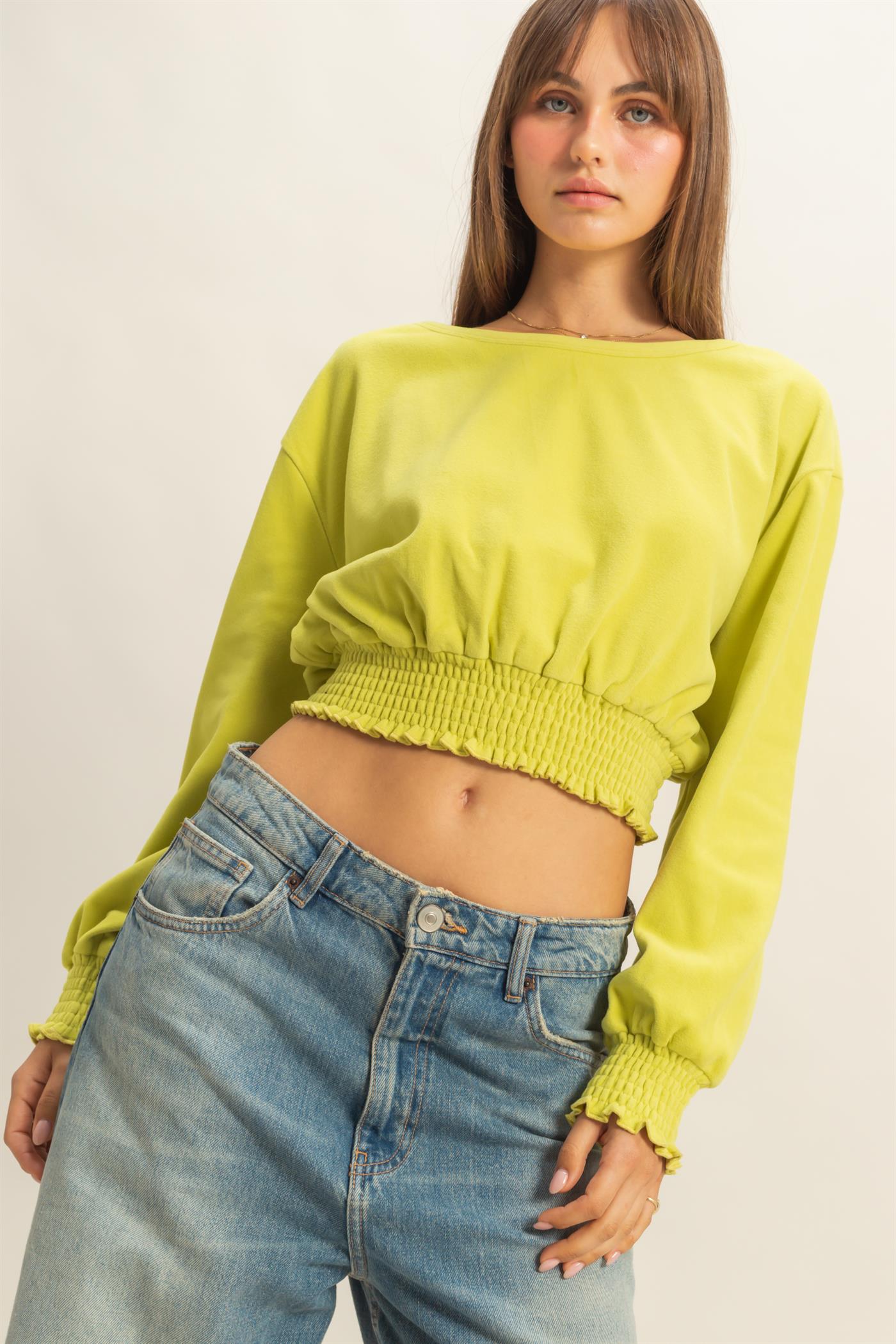 Wholesale Brushed Knit Smocked Crop Top Clothing Tops HF24C116 LIME HYFVE