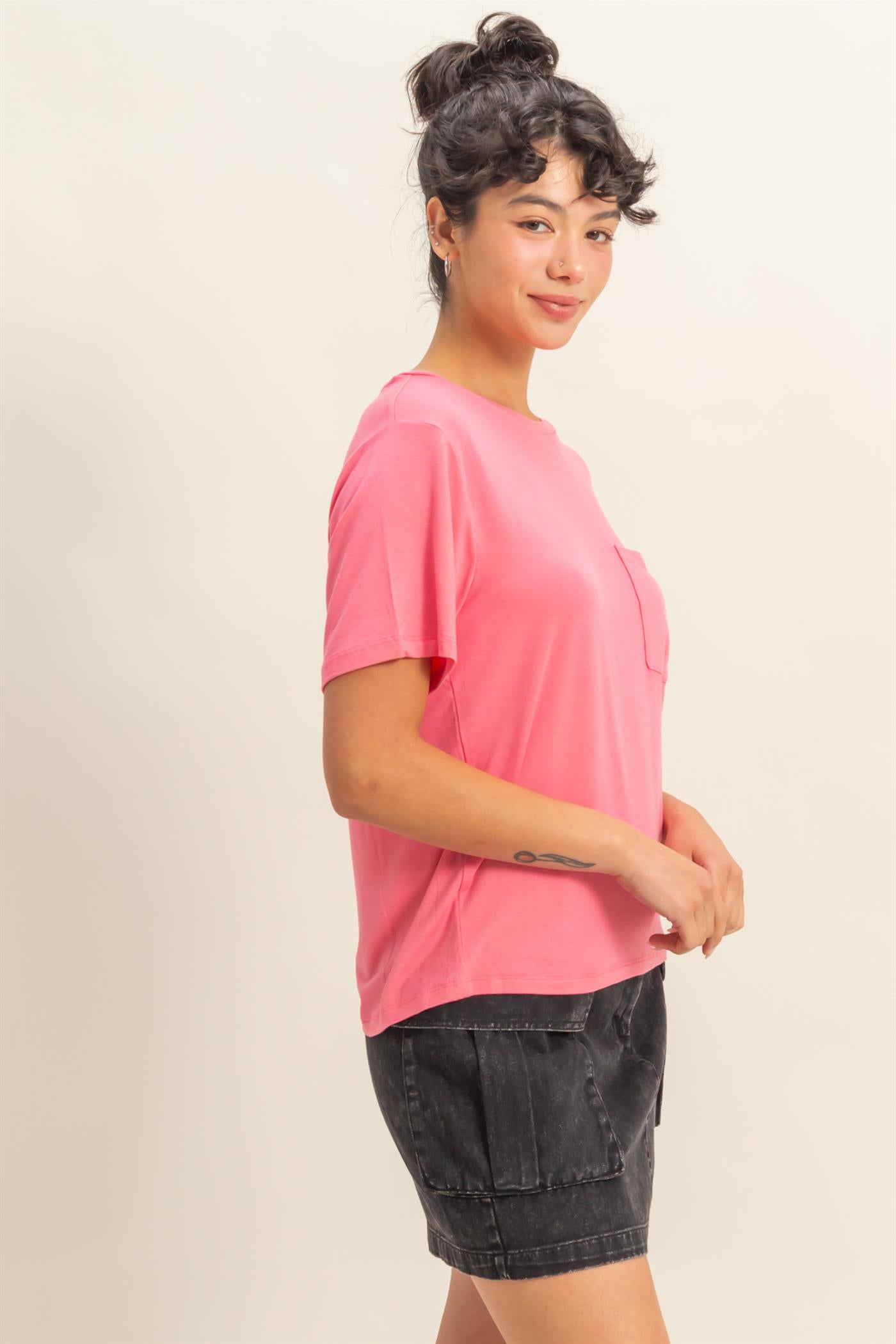 Wholesale Classic Crew Neck Short Sleeve Pocket Top T-Shirts DZ25C922 TAFFY PINK DOUBLE ZERO