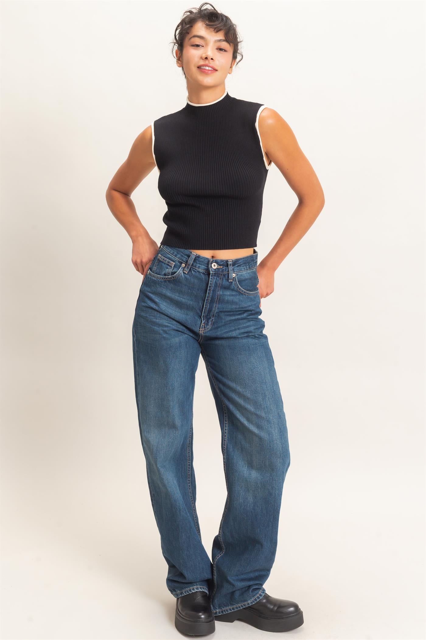 Wholesale Ribbed Mock Neck Sleeveless Top Clothing Tops DZ26E777 BLACK DOUBLE ZERO