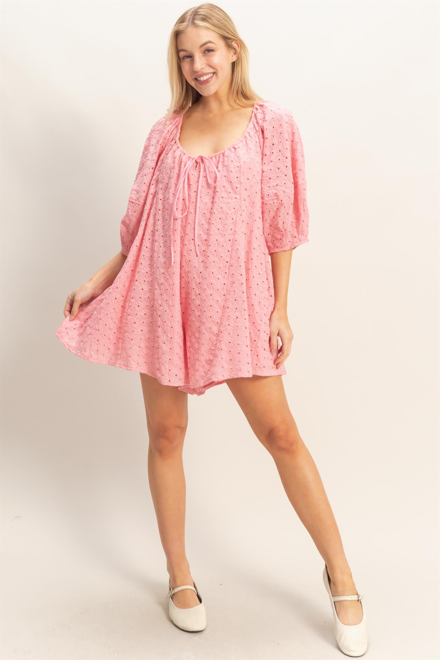 Wholesale Eyelet Babydoll Romper Clothing HF26A181 ROSE PINK HYFVE