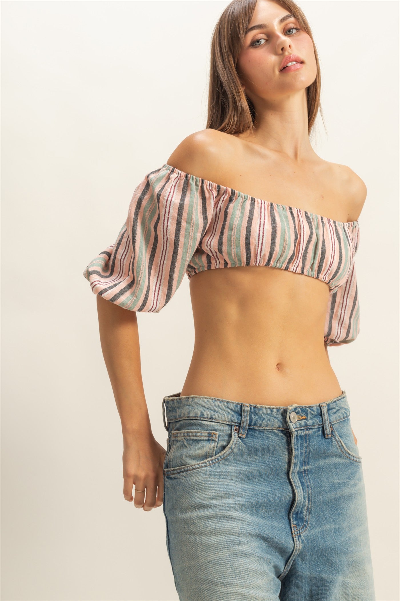 Wholesale Striped Off-Shoulder Crop Top Clothing Tops HF22C614 PINK HYFVE