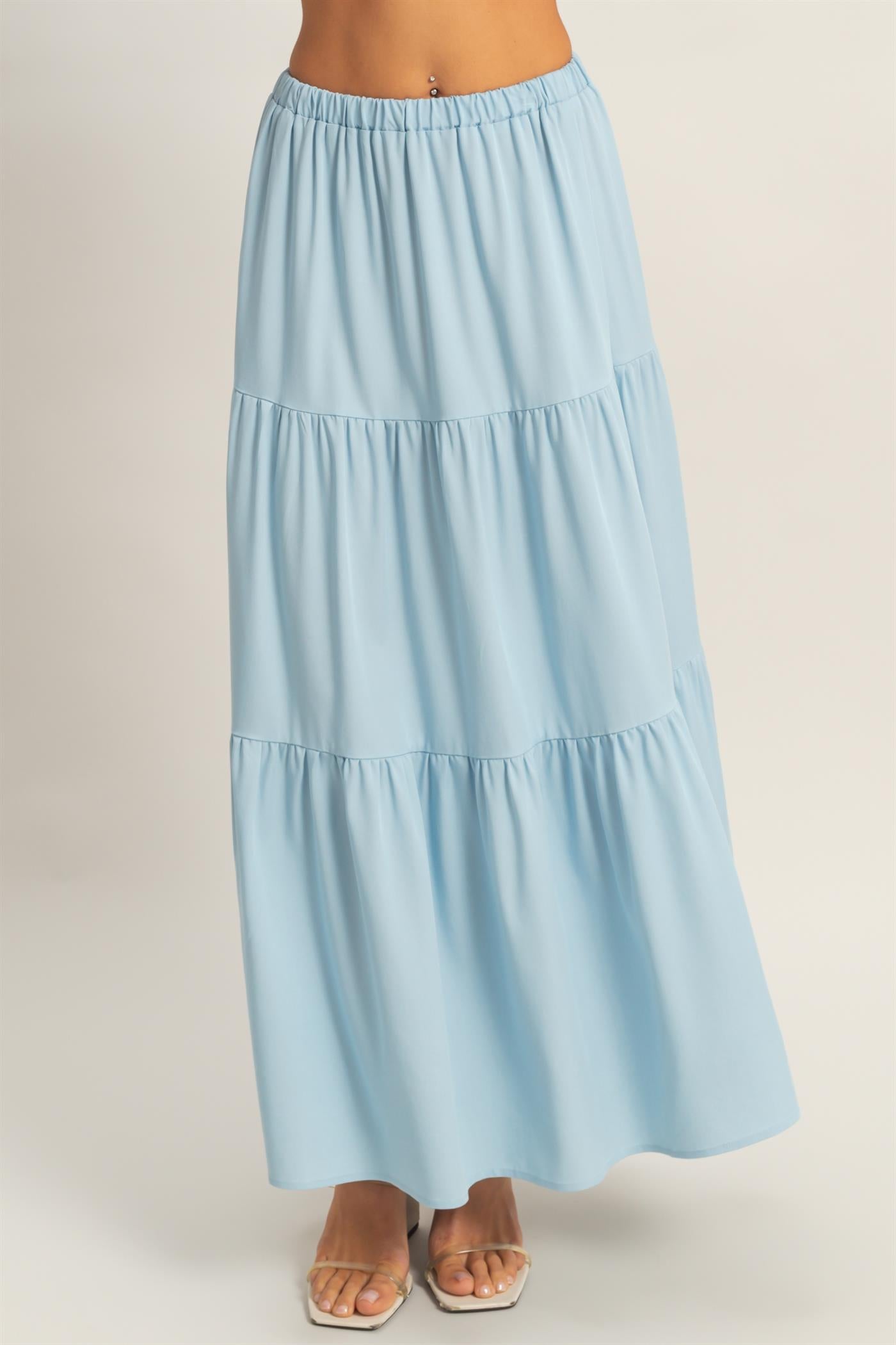 Wholesale Elastic Waist 3-Tier Skirt Skirts HF26E340-D L.BLUE HYFVE