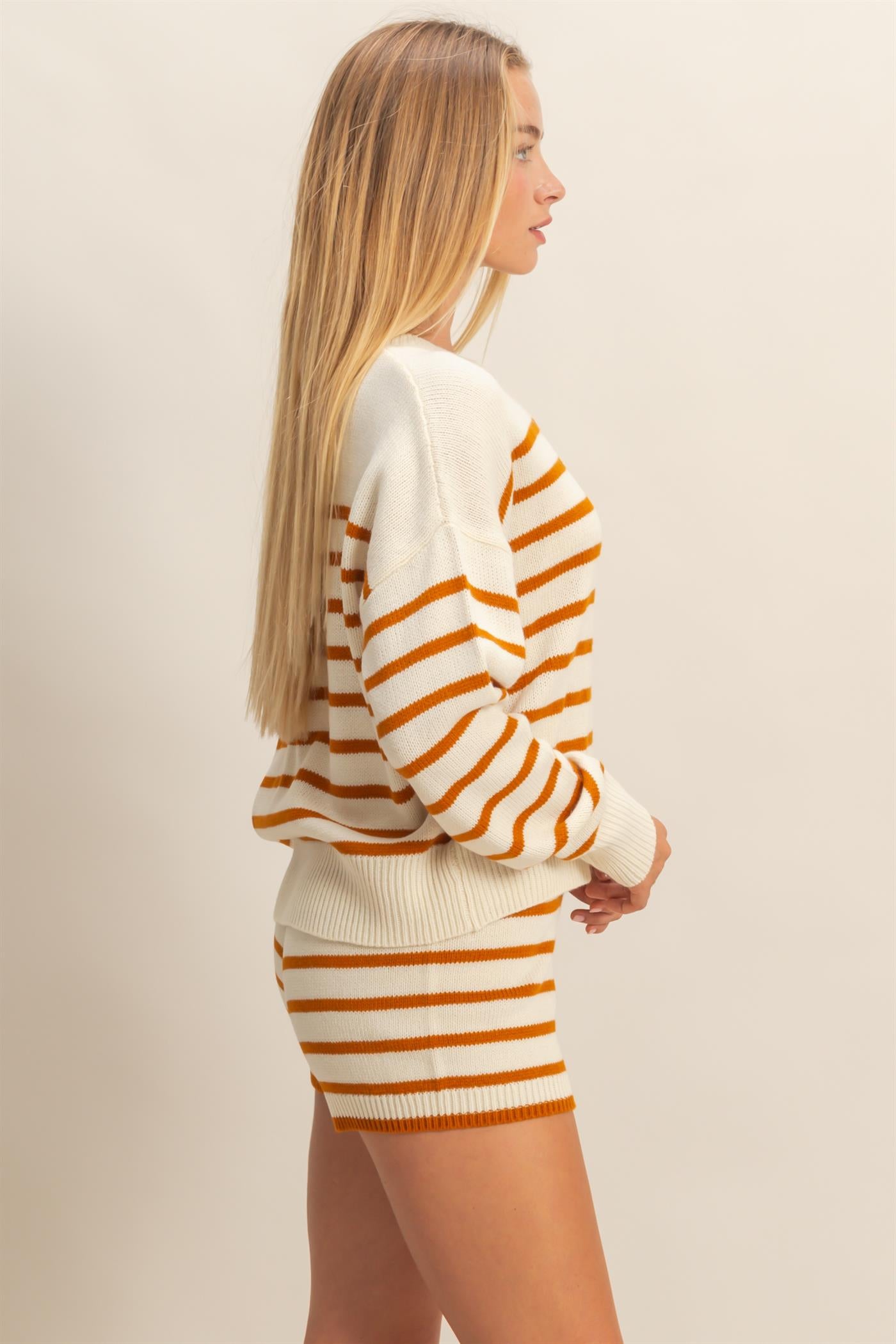Wholesale Striped Knit Sweater And Shorts Set Clothing DZ25E141-SET CREAM/CARAMEL DOUBLE ZERO