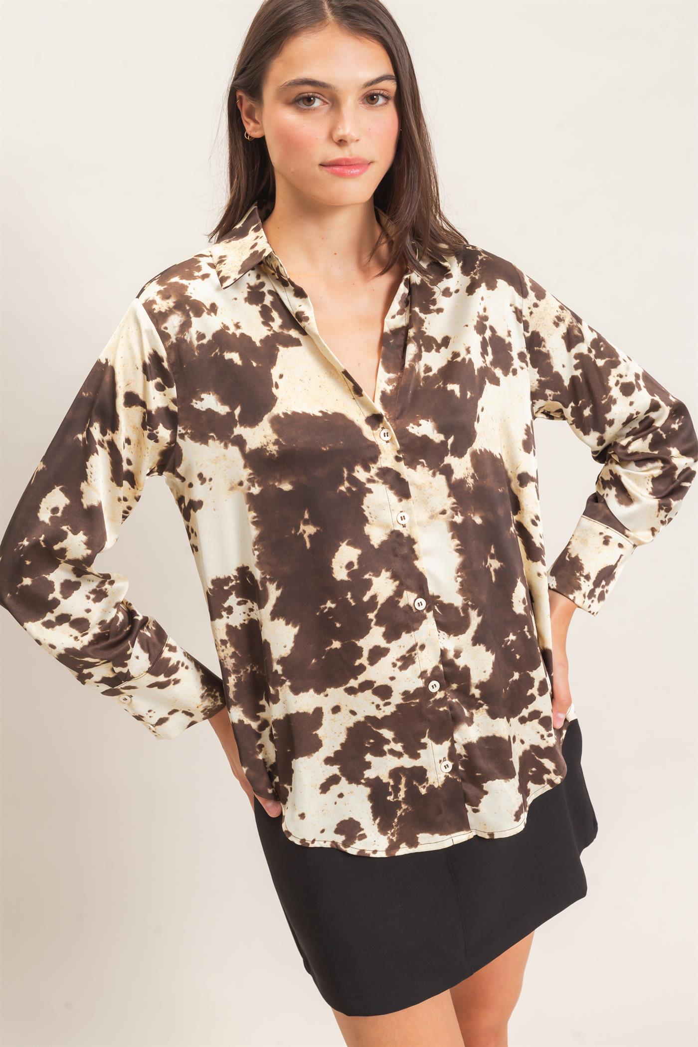 Wholesale Satin Cow Print Button-Up Shirt Clothing Tops HF26E554 BROWN HYFVE