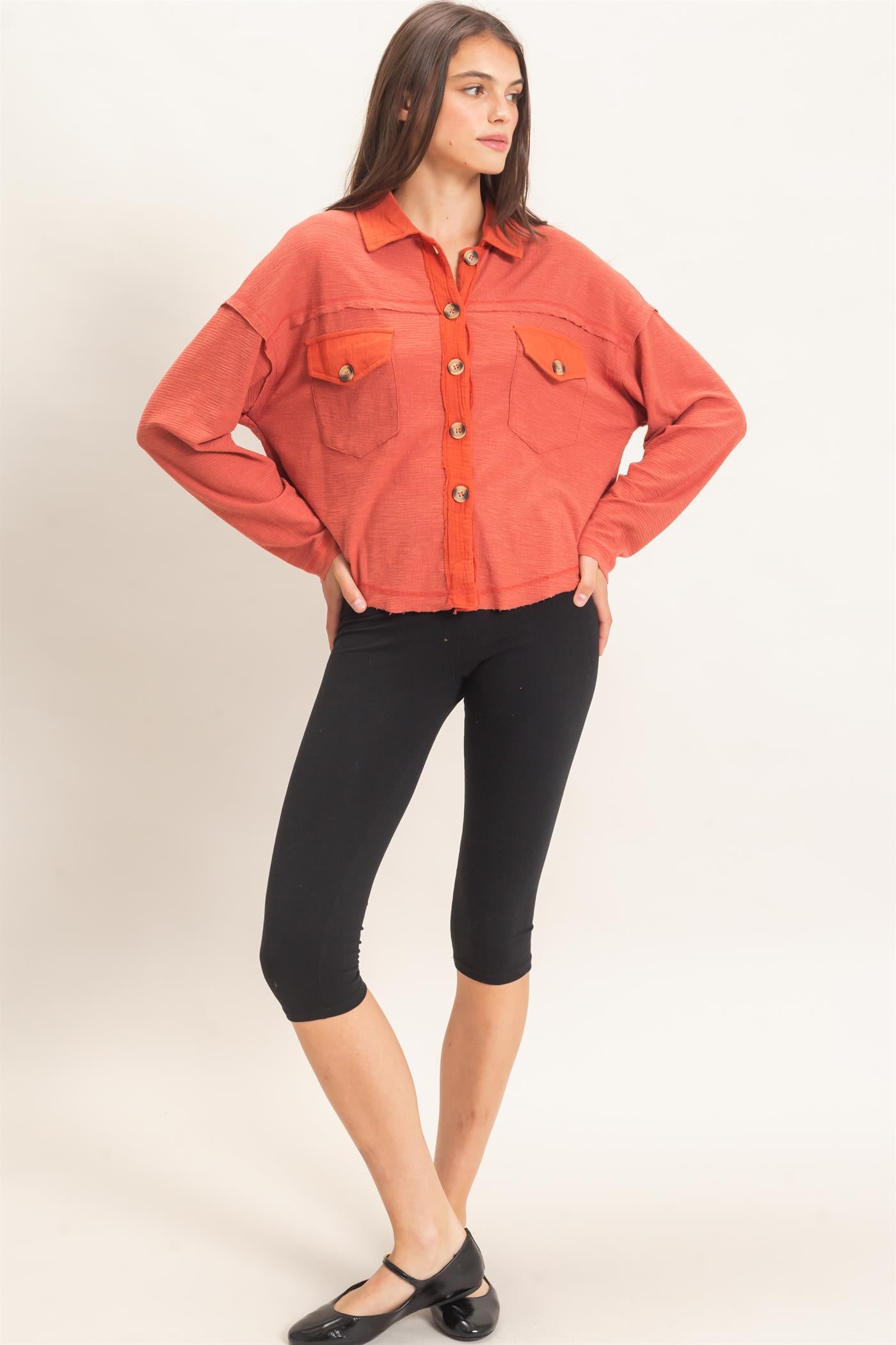 Wholesale Textured Button-Up Shirt Clothing Tops HF26C878 BRICK HYFVE