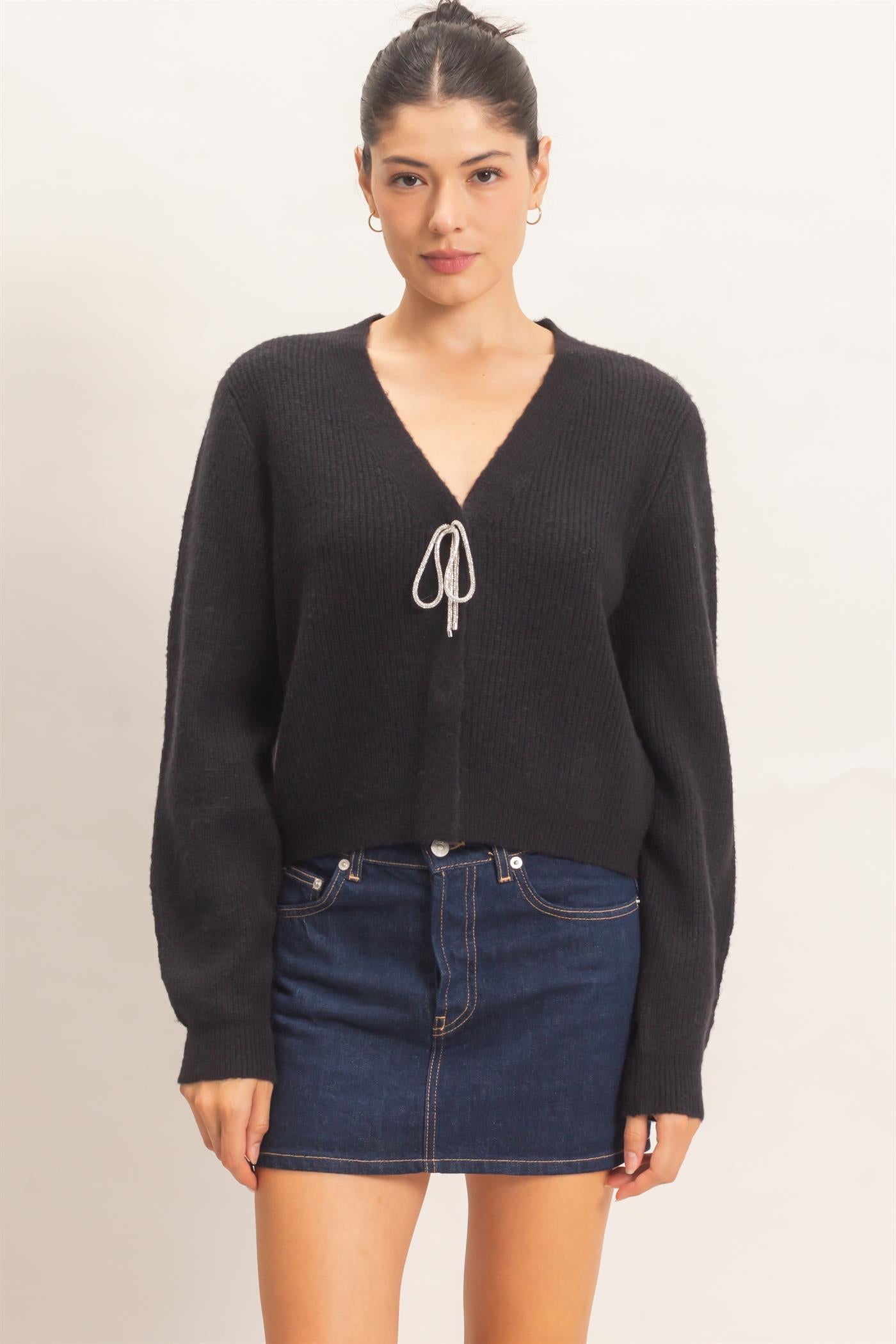Wholesale Rhinestone Bow Tie-Front Sweater Cardigans HF26F183-D BLACK HYFVE