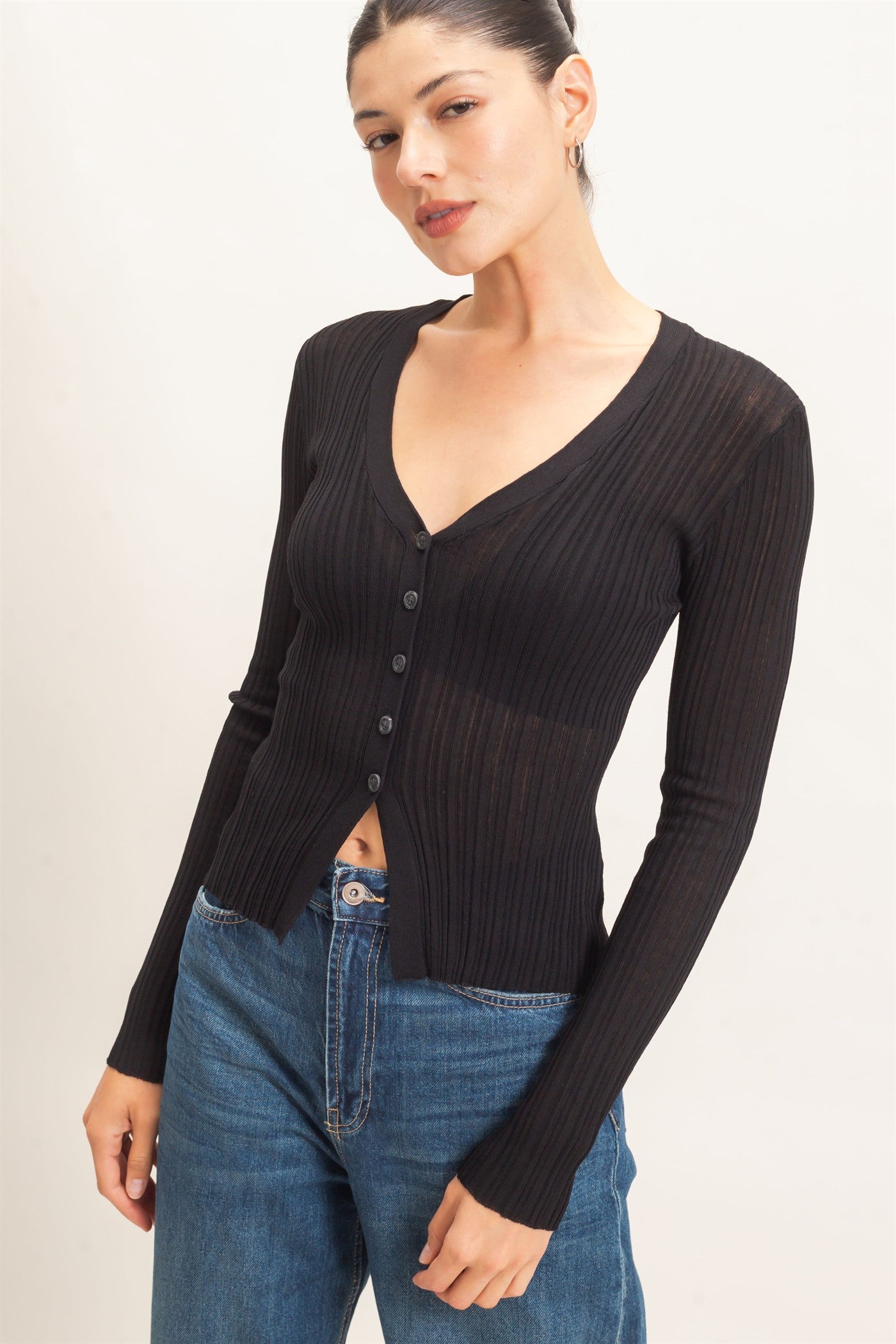 Wholesale Ribbed V-Neck Cardigan Cardigans HF26E154 BLACK HYFVE