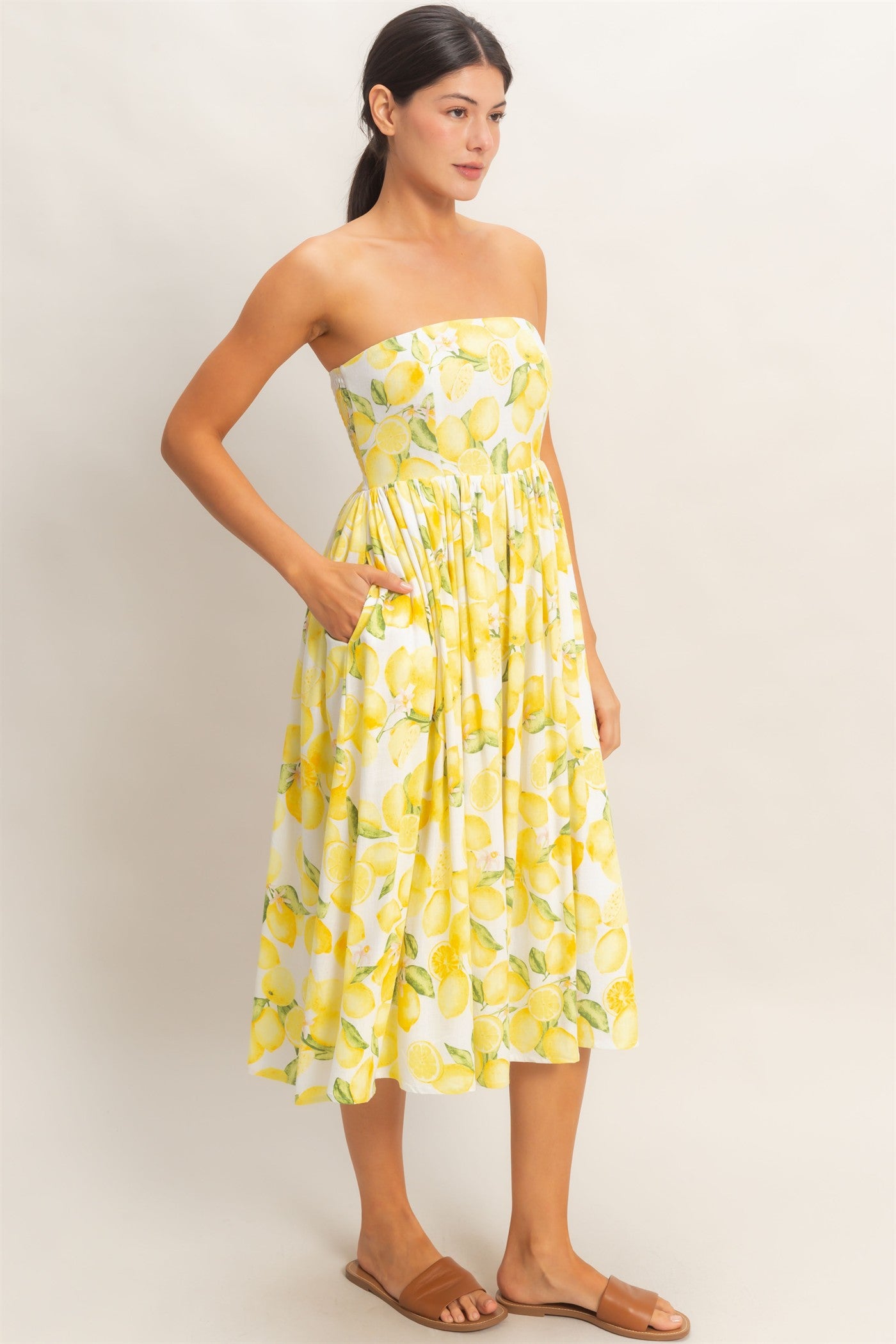Wholesale Strapless Lemon-Print Midi Dress Dresses HF26C880 LEMON HYFVE