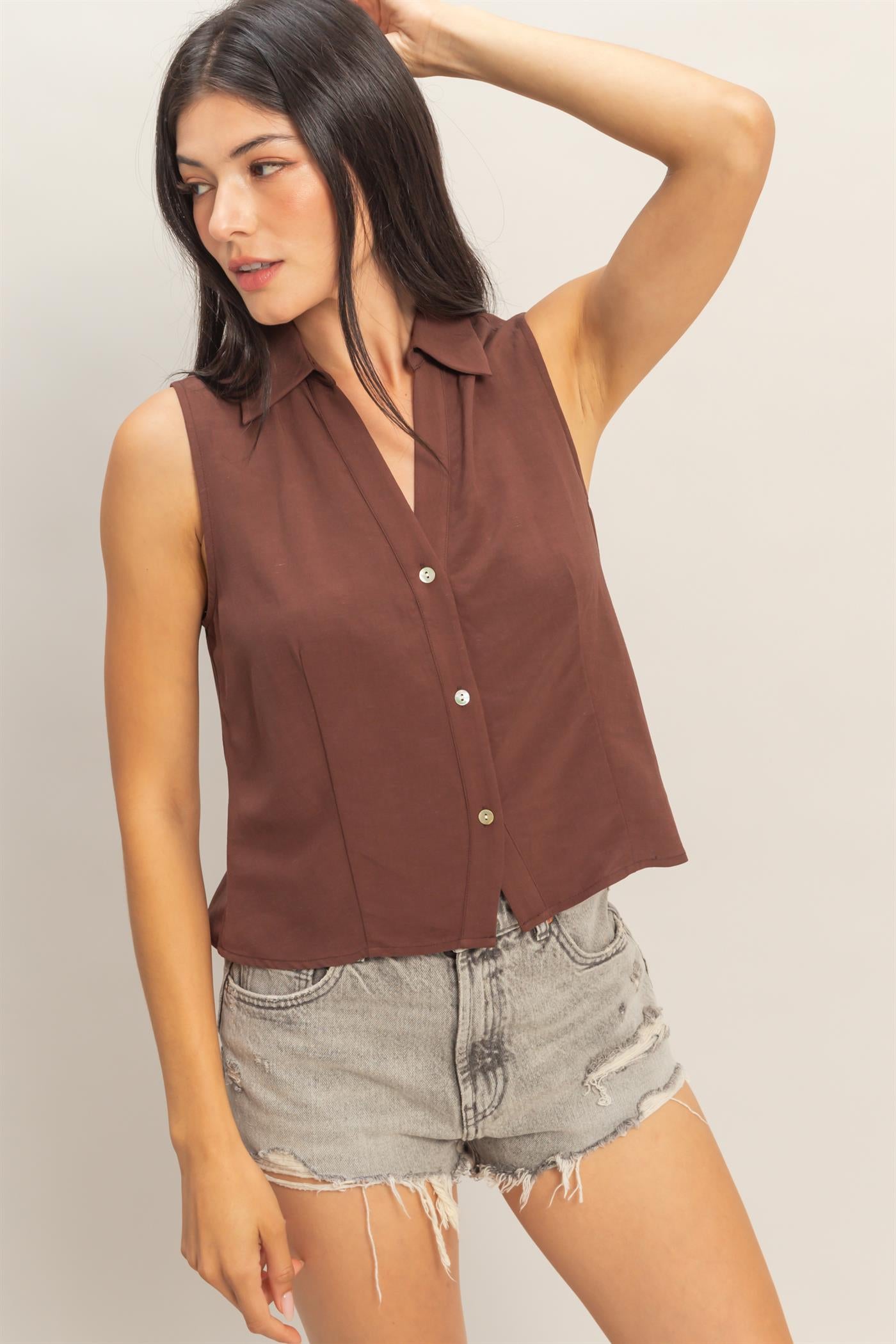 Wholesale Sleeveless Lyocell Linen Button Front Top Clothing Tops DZ26C189 CHOCOLATE DOUBLE ZERO