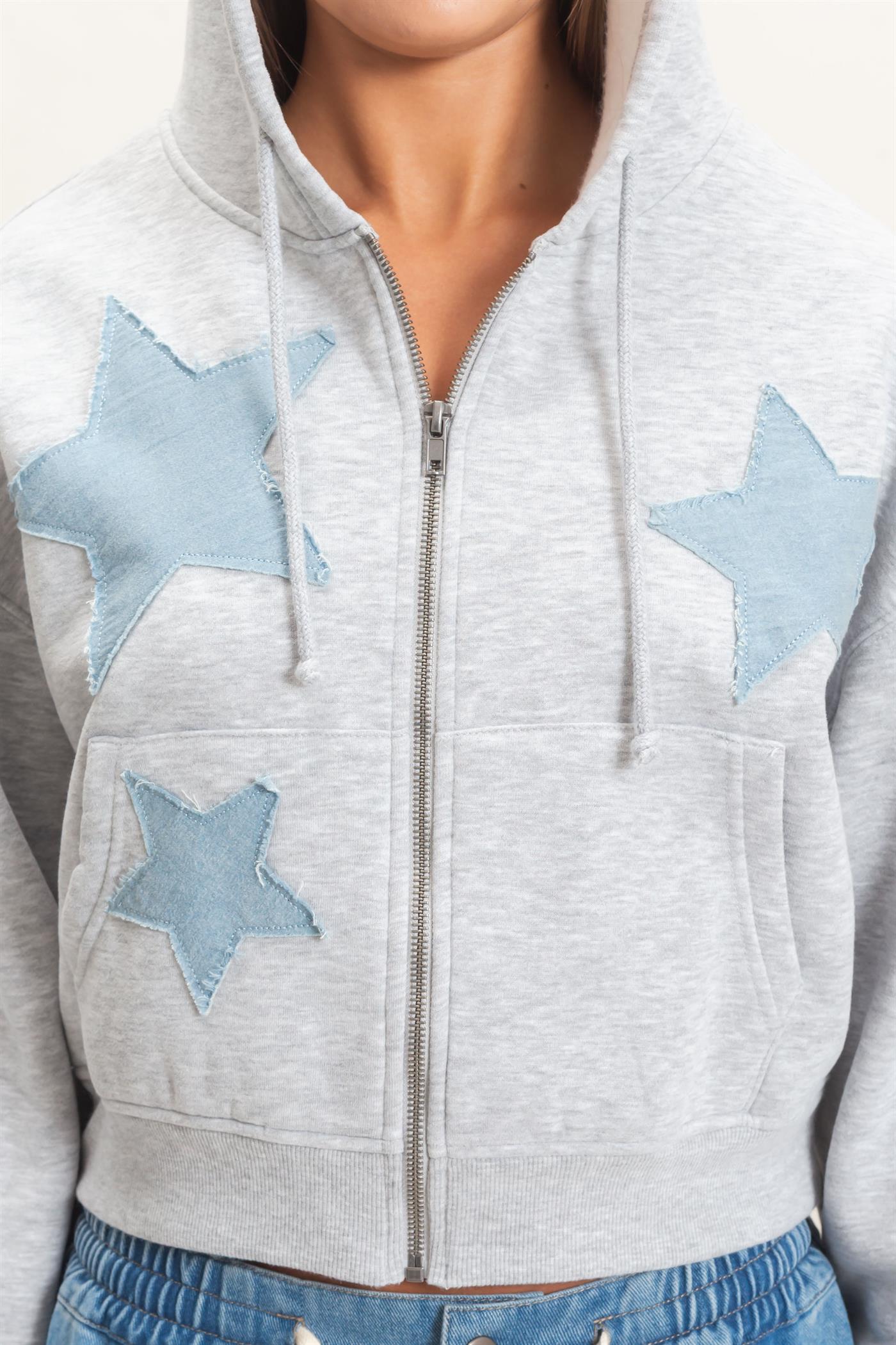 Wholesale Star Patch Zip-Up Hoodie Hoodies DZ26E828 HEATHER GRAY DOUBLE ZERO