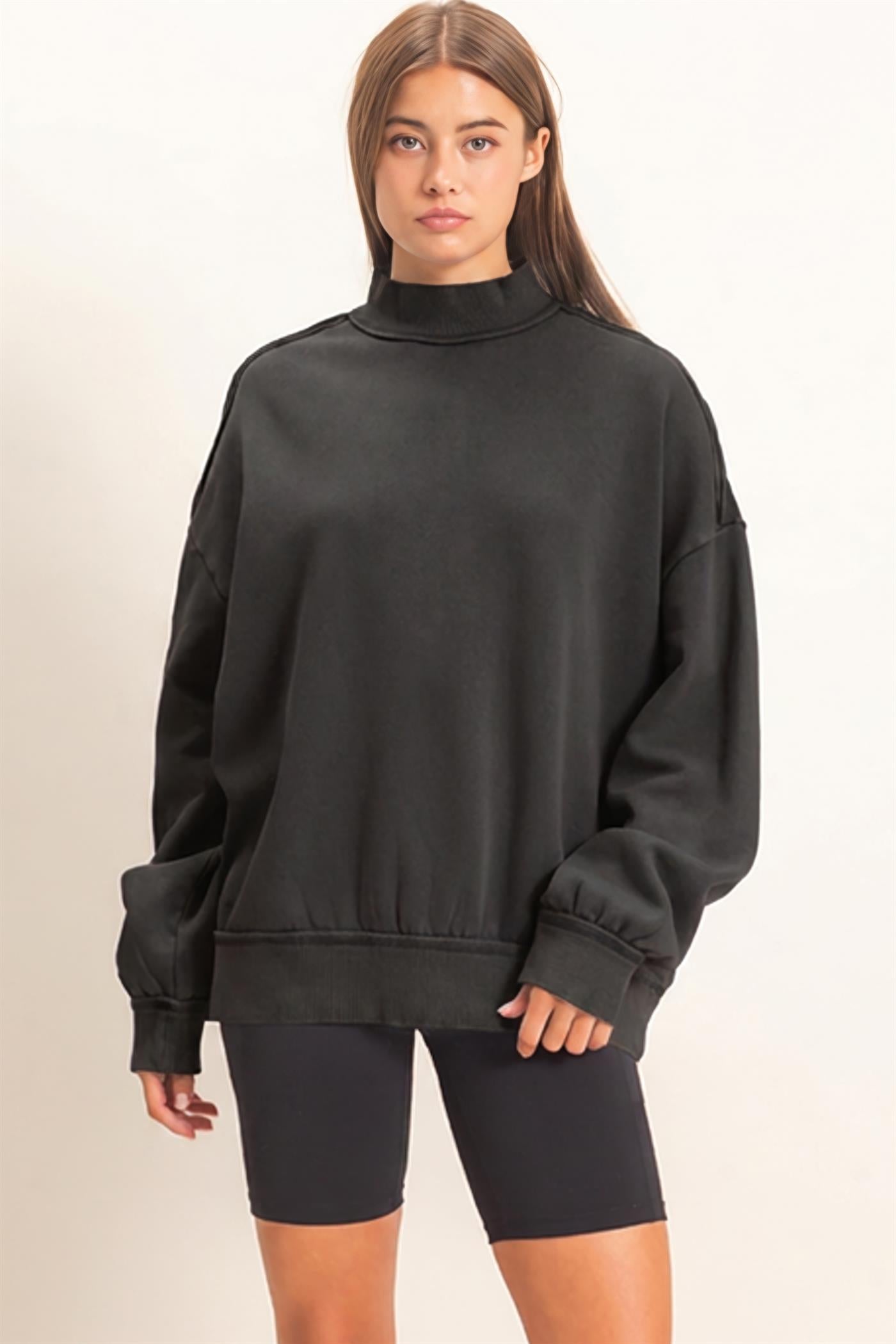 Wholesale Acid Washed Mock Neck Sweatshirt Sweatshirts DZ26E656 BLACK DOUBLE ZERO
