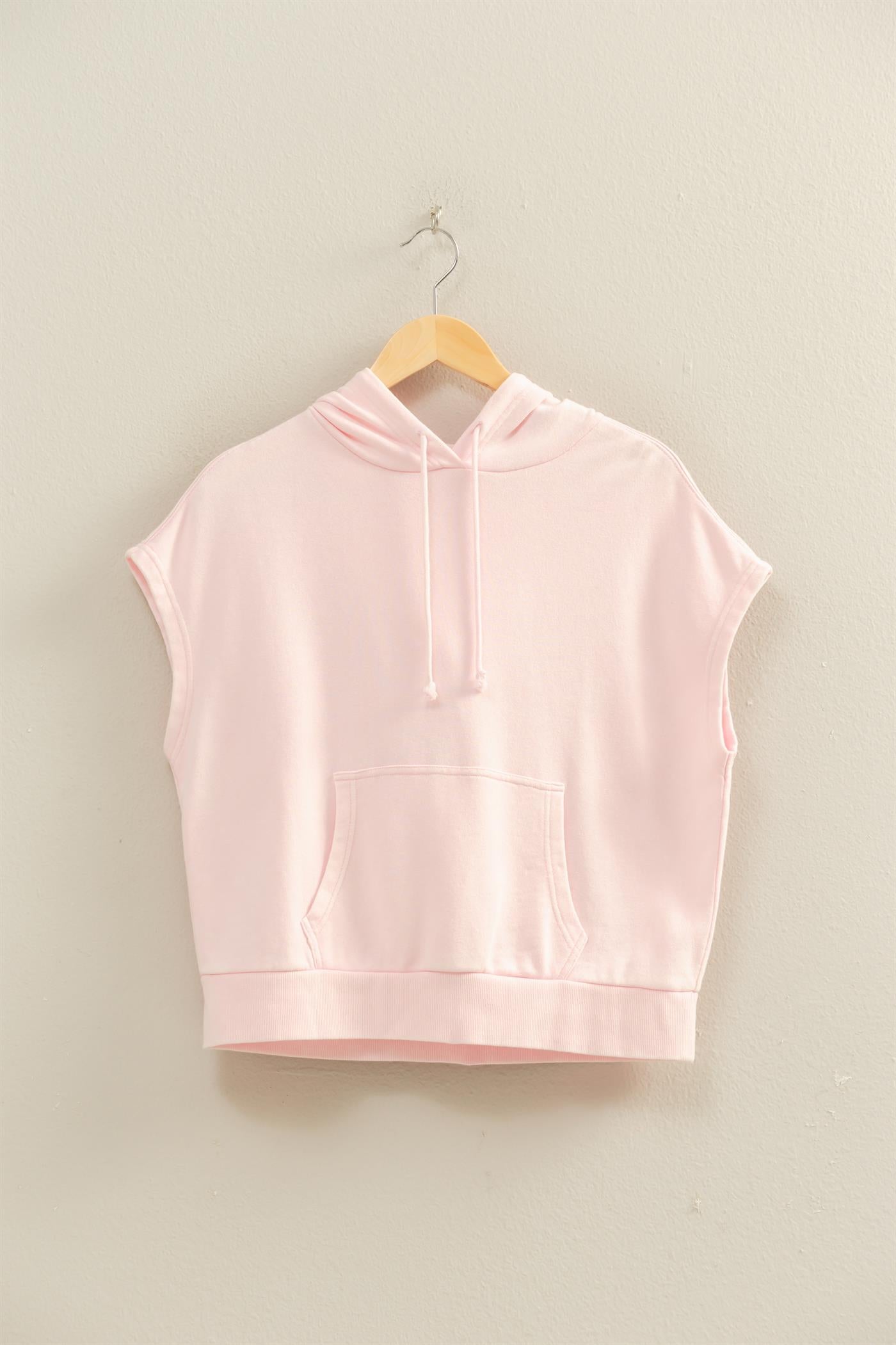Wholesale Acid Washed Sleeveless Hooded Kangaroo Pocket Top Hoodies DZ26A411 SOFT PINK DOUBLE ZERO