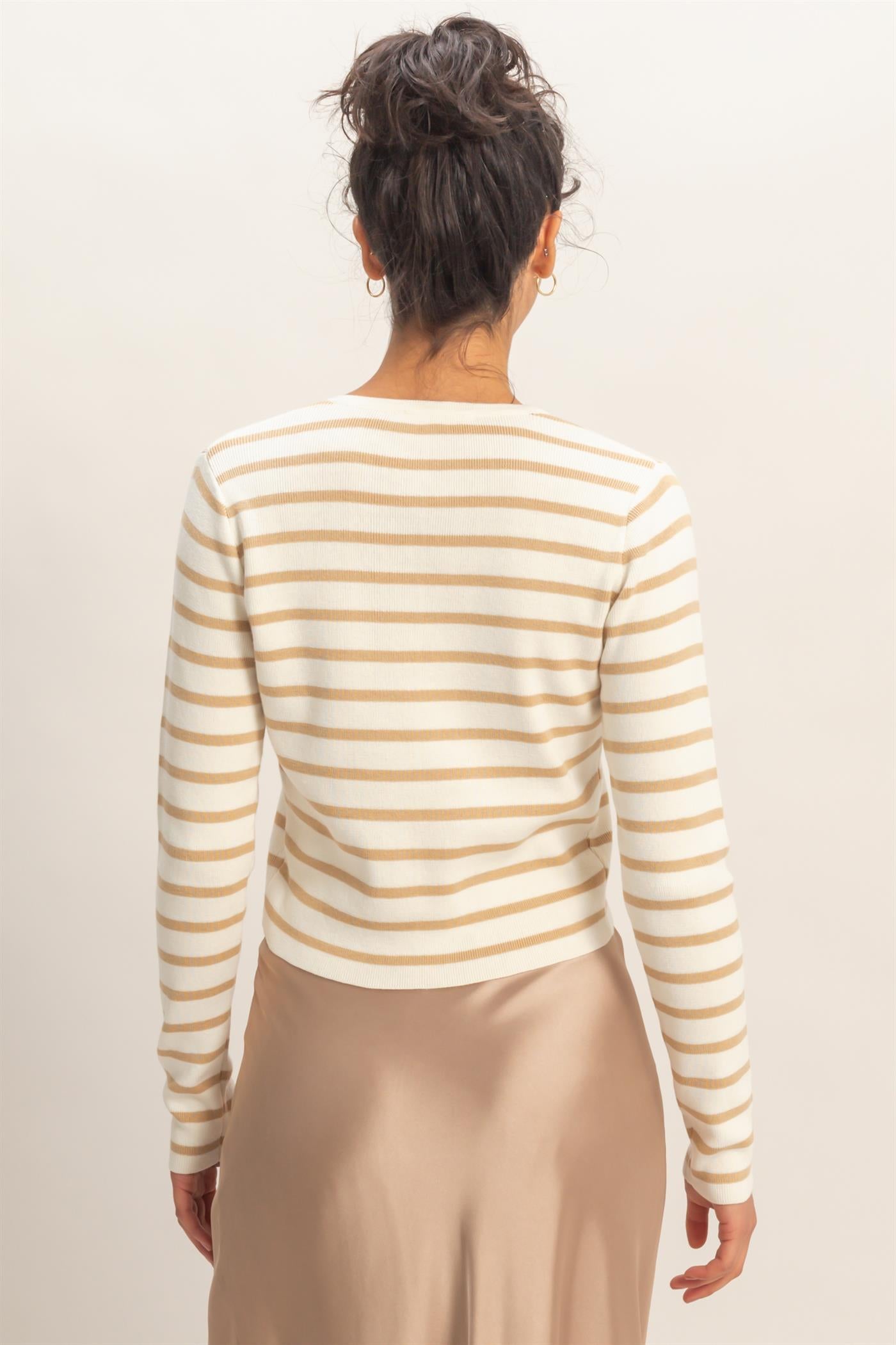 Wholesale Striped Button-Up Cardigan Cardigans DZ26C166 TAUPE DOUBLE ZERO