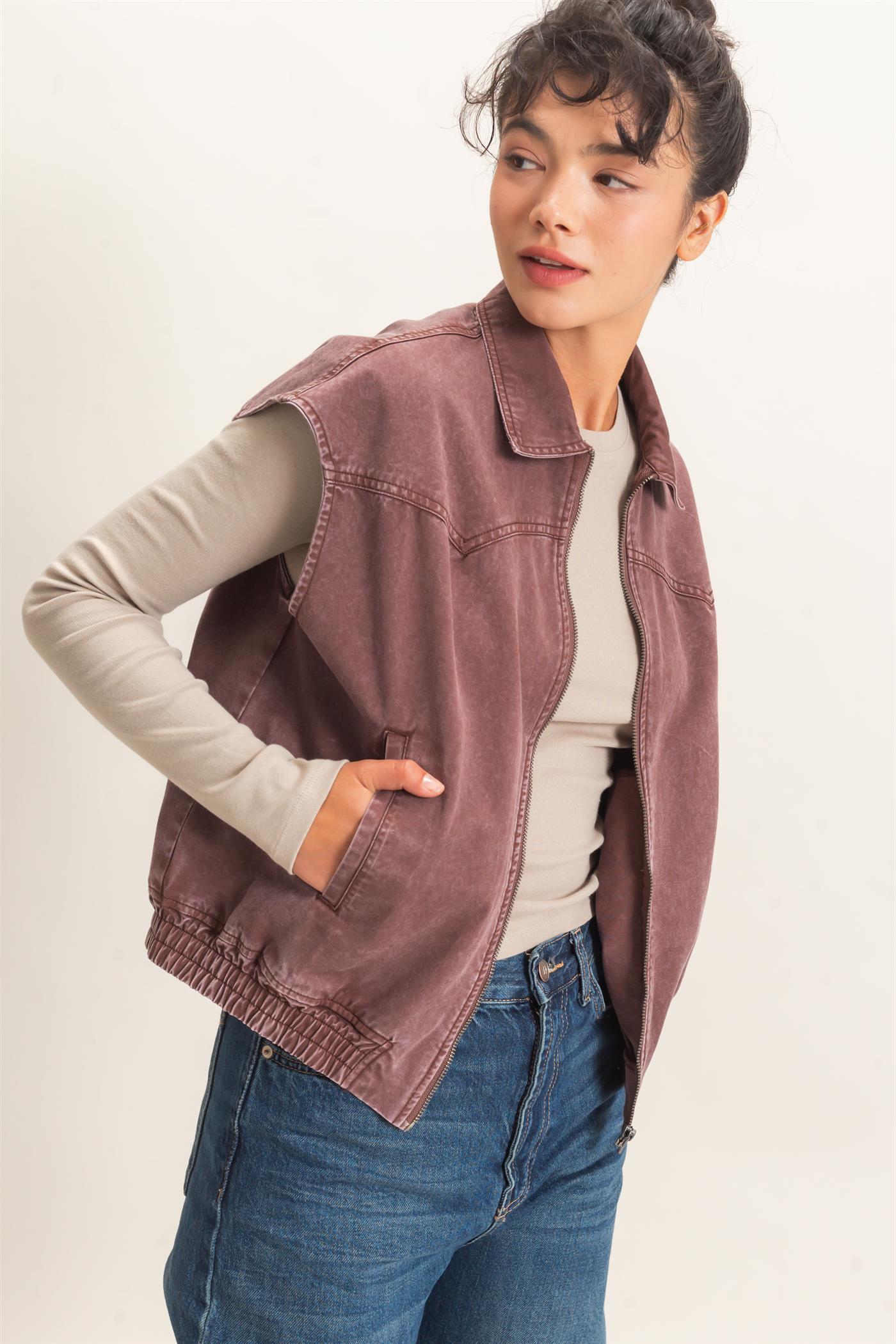 Wholesale Mineral Wash Sleeveless Zip-Up Collar Vest Vests DZ26E392 DARK BROWN DOUBLE ZERO