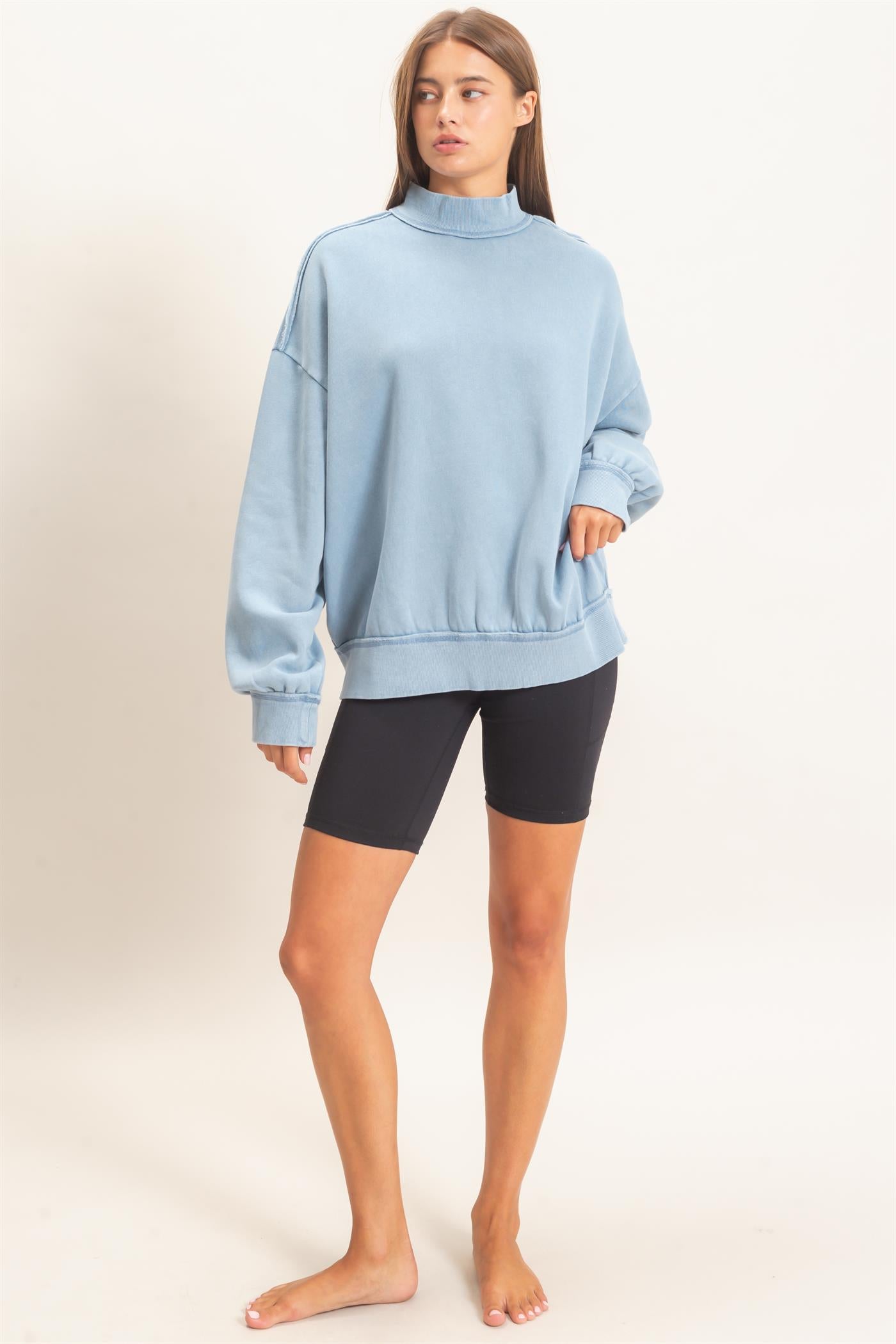 Wholesale Acid Washed Mock Neck Sweatshirt Sweatshirts DZ26E656 DUSTY BLUE DOUBLE ZERO
