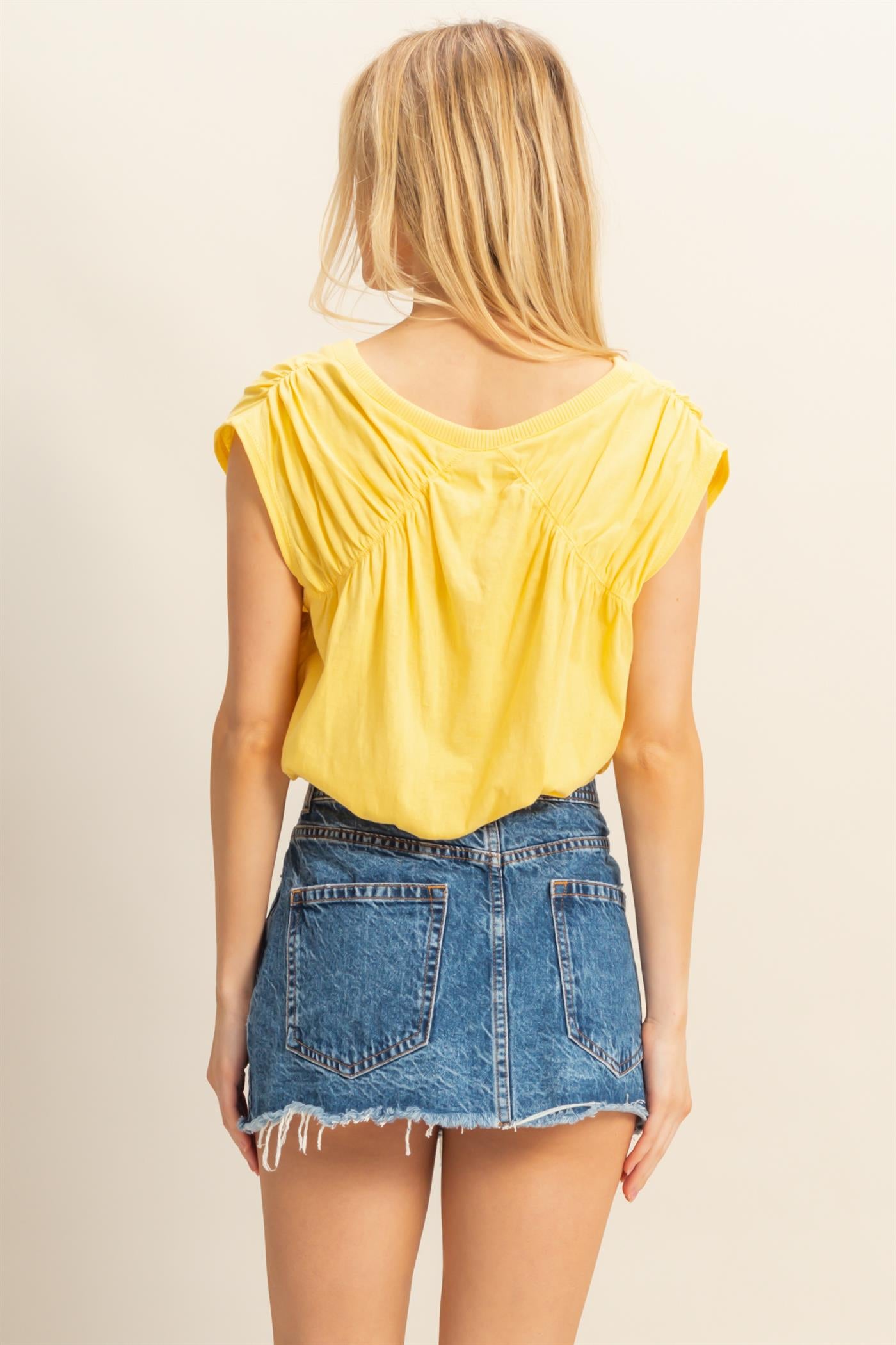 Wholesale Cap Sleeve Drawstring Waist Knit Top Clothing Tops HF25C879 YELLOW HYFVE