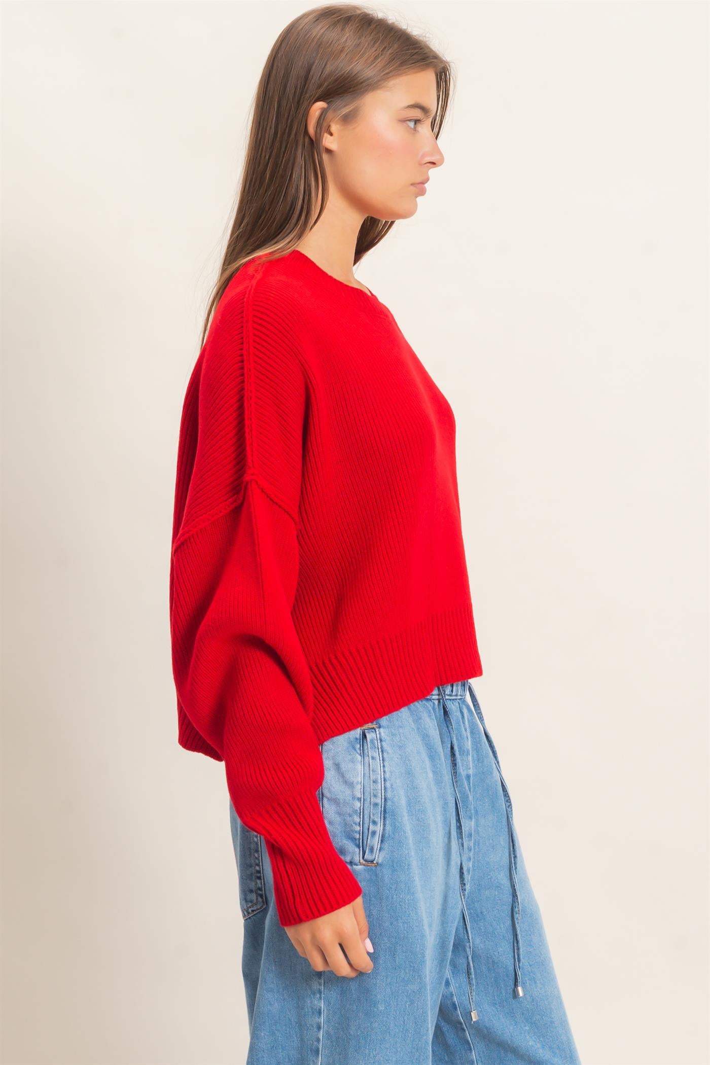Wholesale Ribbed Drop Shoulder Sweater Sweaters DZ26C982 RED DOUBLE ZERO