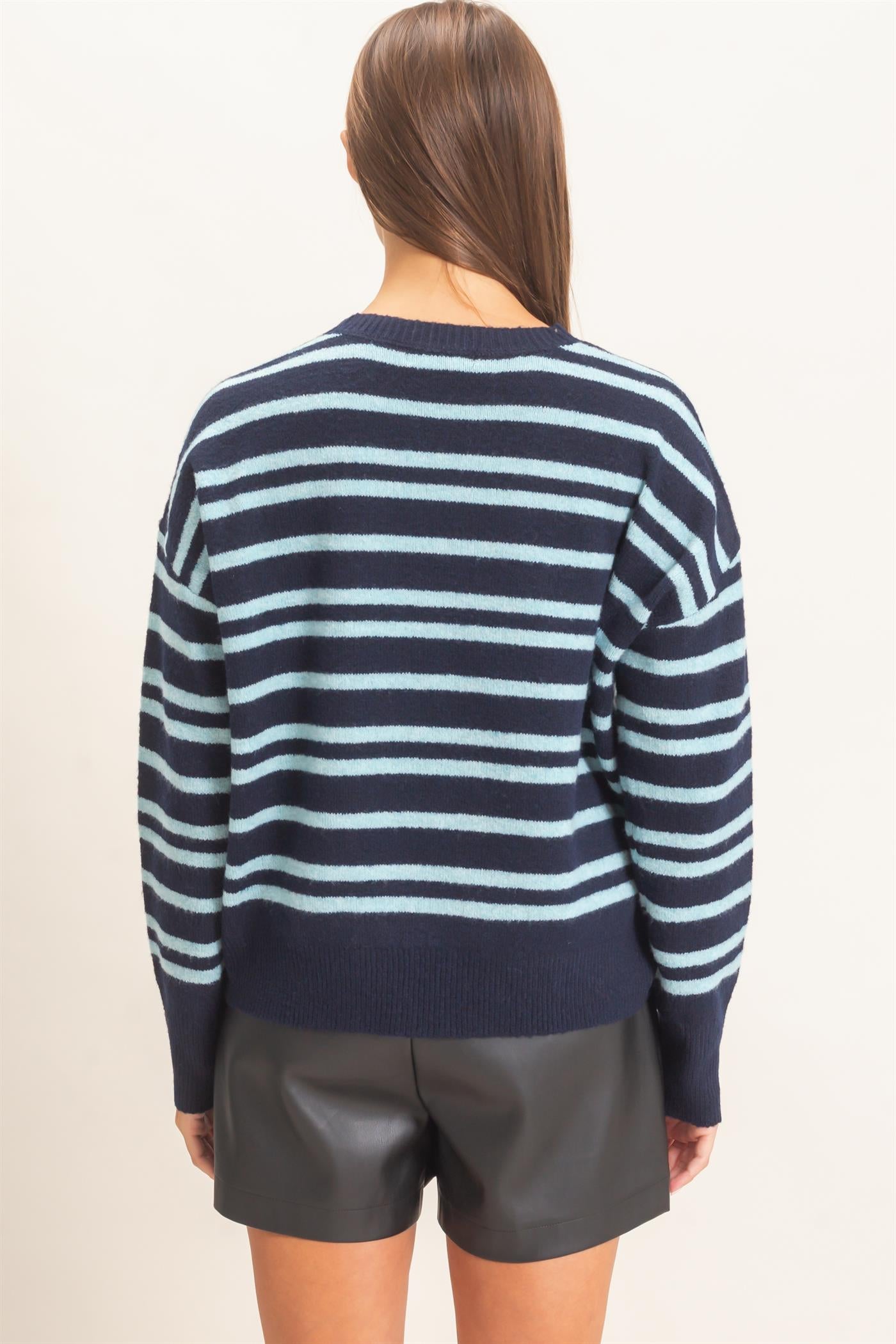 Wholesale Striped Crew Neck Sweater Sweaters DZ26E389 NAVY DOUBLE ZERO