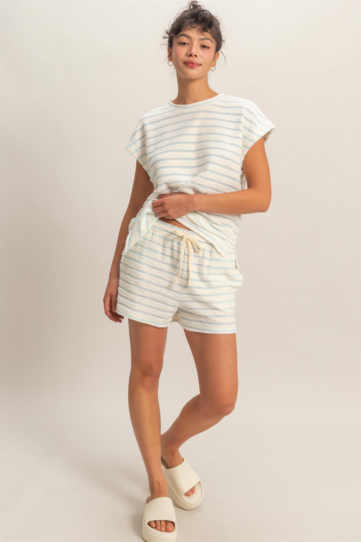 Wholesale Striped Drawstring Waist Shorts Shorts DZ26A753 BABY BLUE DOUBLE ZERO