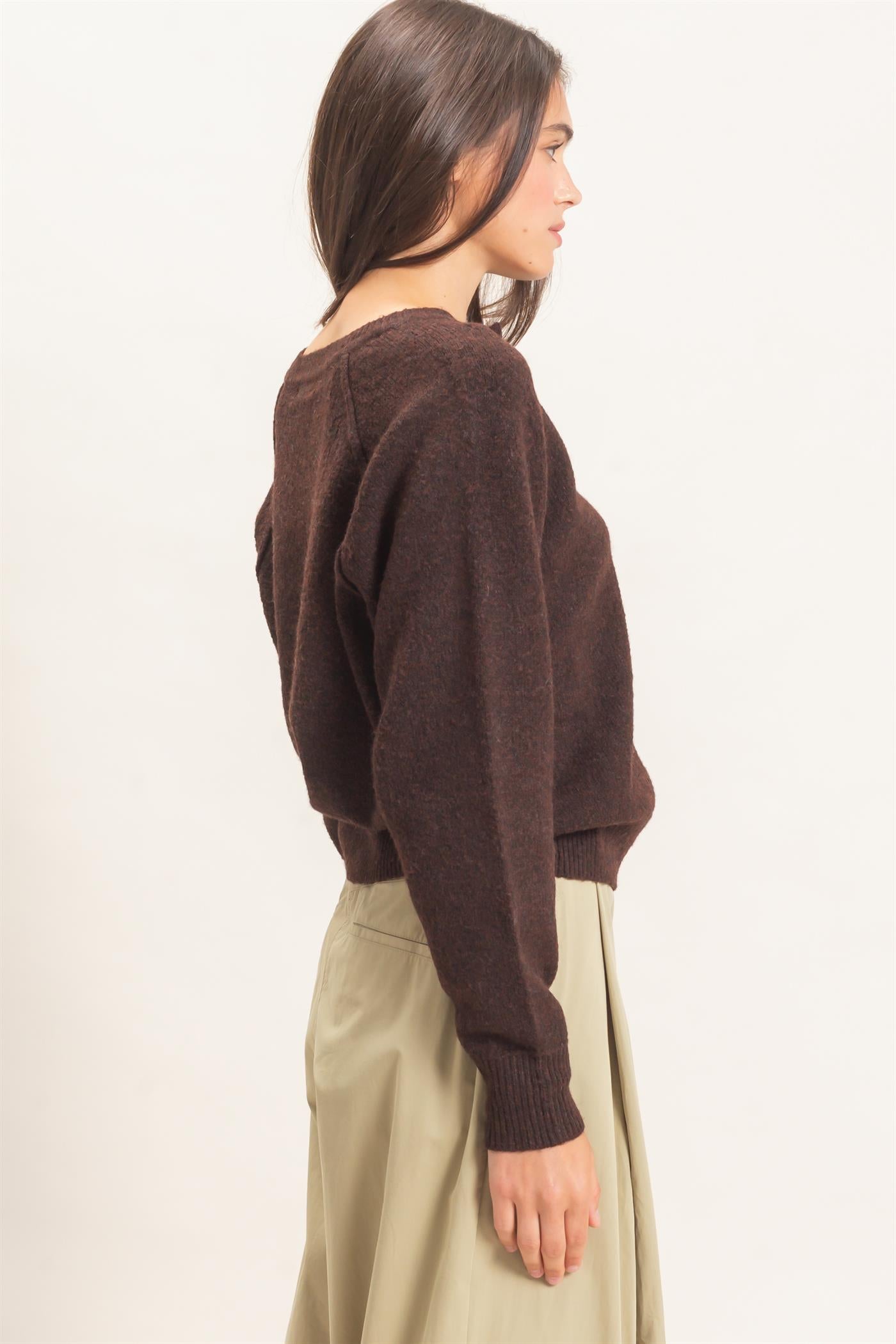 Wholesale Button Front Raglan Sweater Sweaters HF26E152 BROWN HYFVE