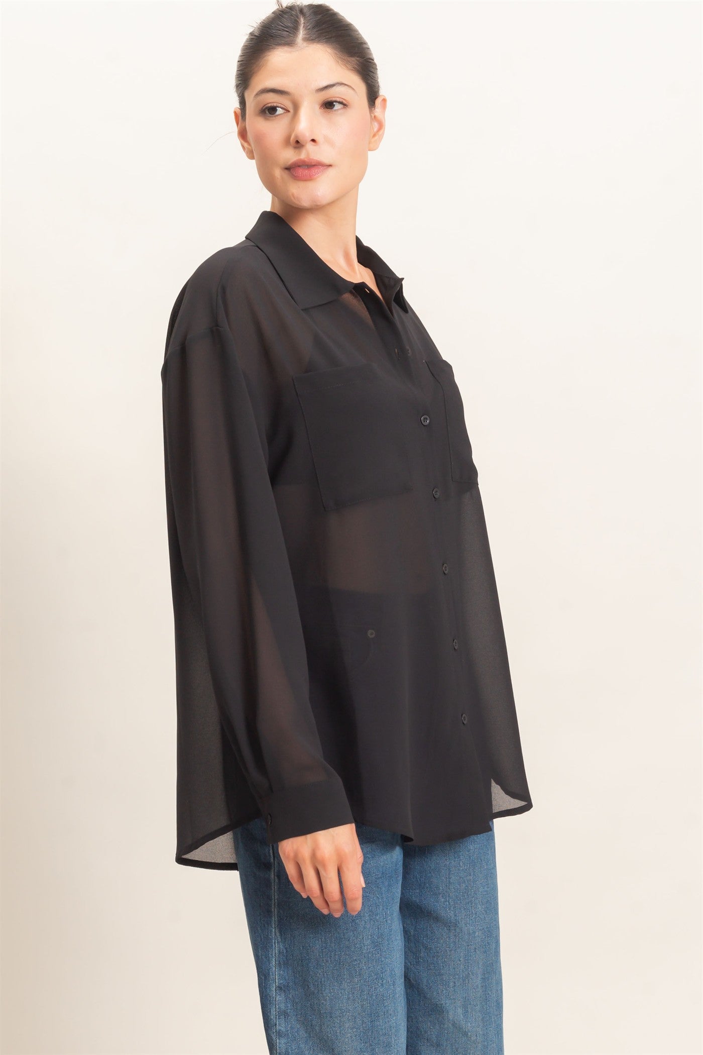 Wholesale Button-Down Collar Blouse Shirts HF26F067 BLACK HYFVE